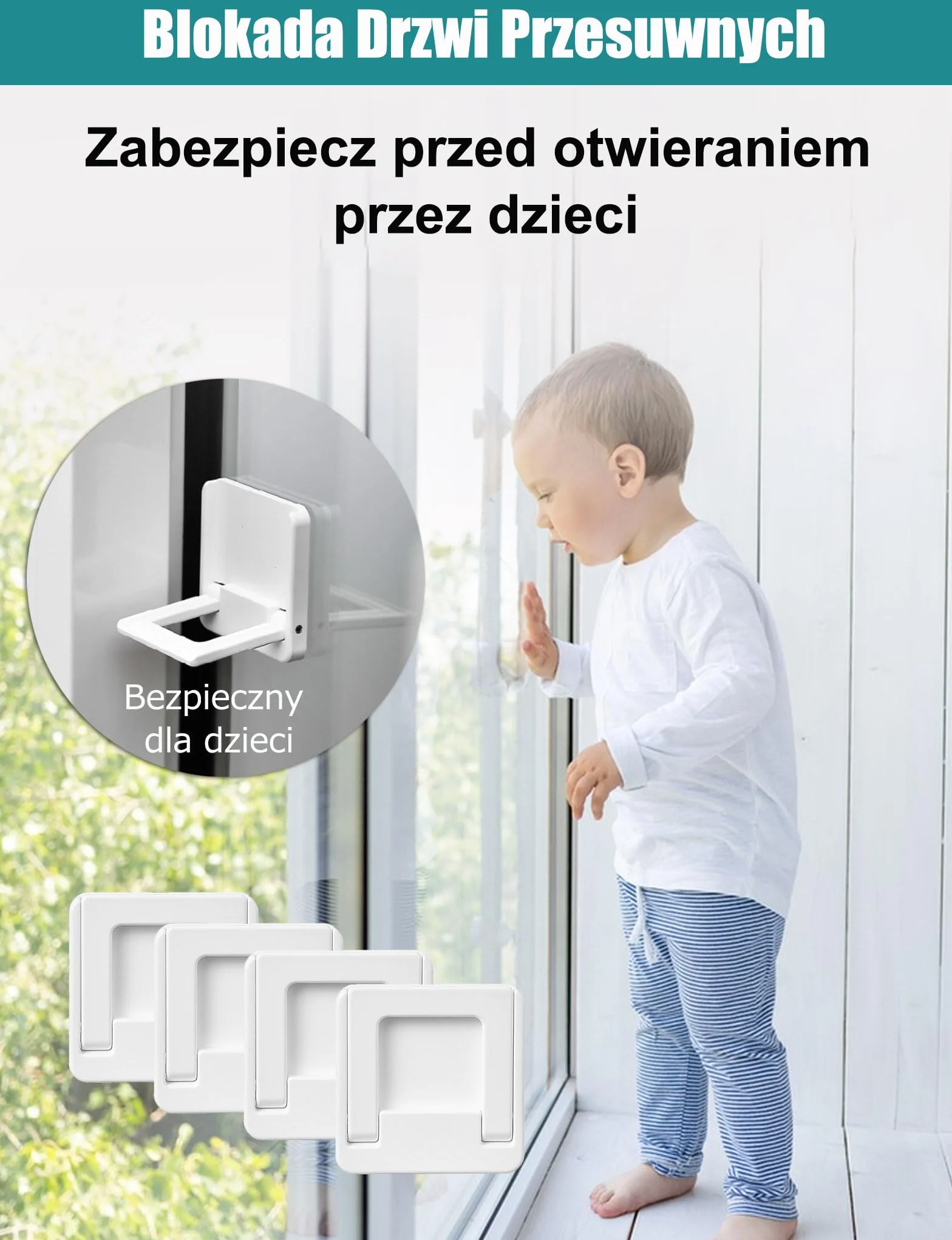 4 szt. Blokady do drzwi przesuwnych dla dzieci do drzwi przesuwnych z podkładką samoprzylepną 3M bez wiercenia okna bezpieczeństwa dzieci do okien, drzwi szafy, drzwi