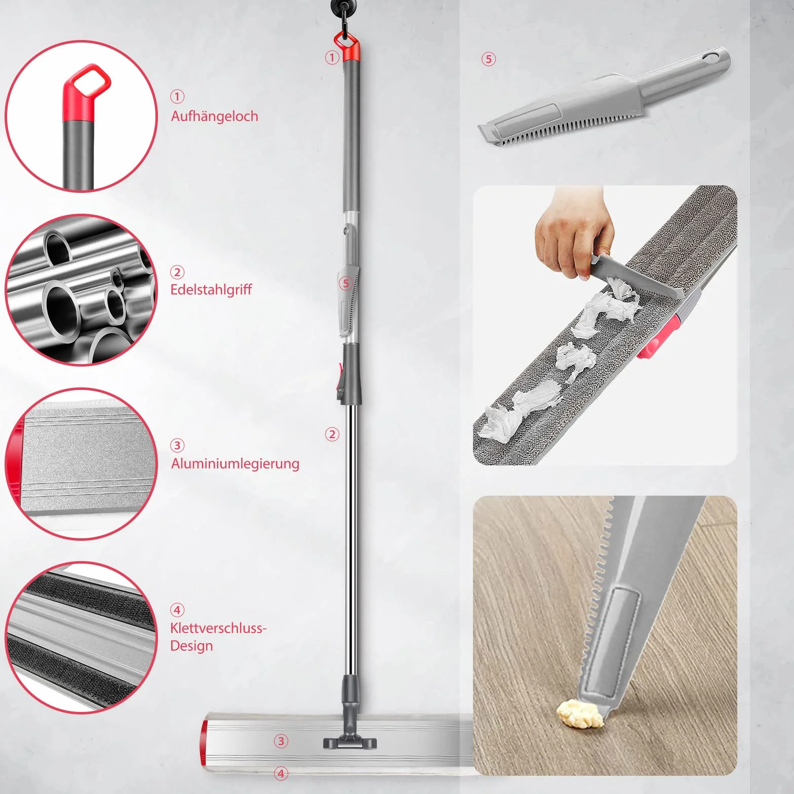 Myiosus Mop do podłóg, mop do podłogi, szerokość 60 cm, z uchwytem ze stali nierdzewnej, regulowany uchwyt ze stali nierdzewnej, płaski mop z mikrofibry, obracany o 360°, do płytek z twardego drewna