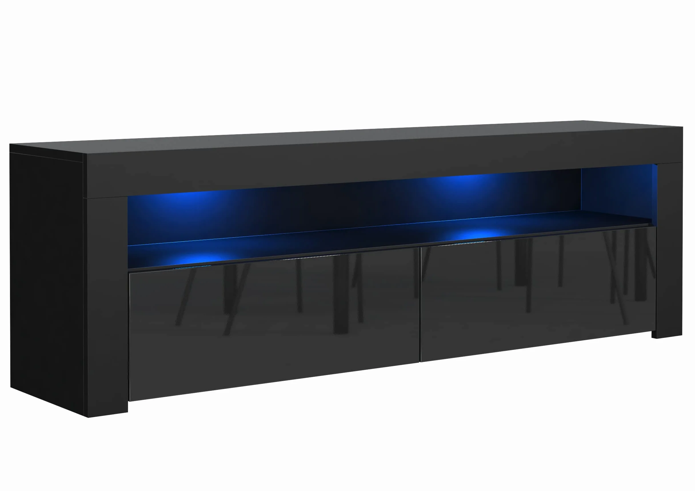 meble masztalerz Szafka RTV 130 cm - z niebieskimi LED - Czarna Fronty Wysoki Połysk - 2 x Drzwi - Szafka pod Telewizor - Wolnostojąca - Stolik do Salonu - 130x48,5x35 cm