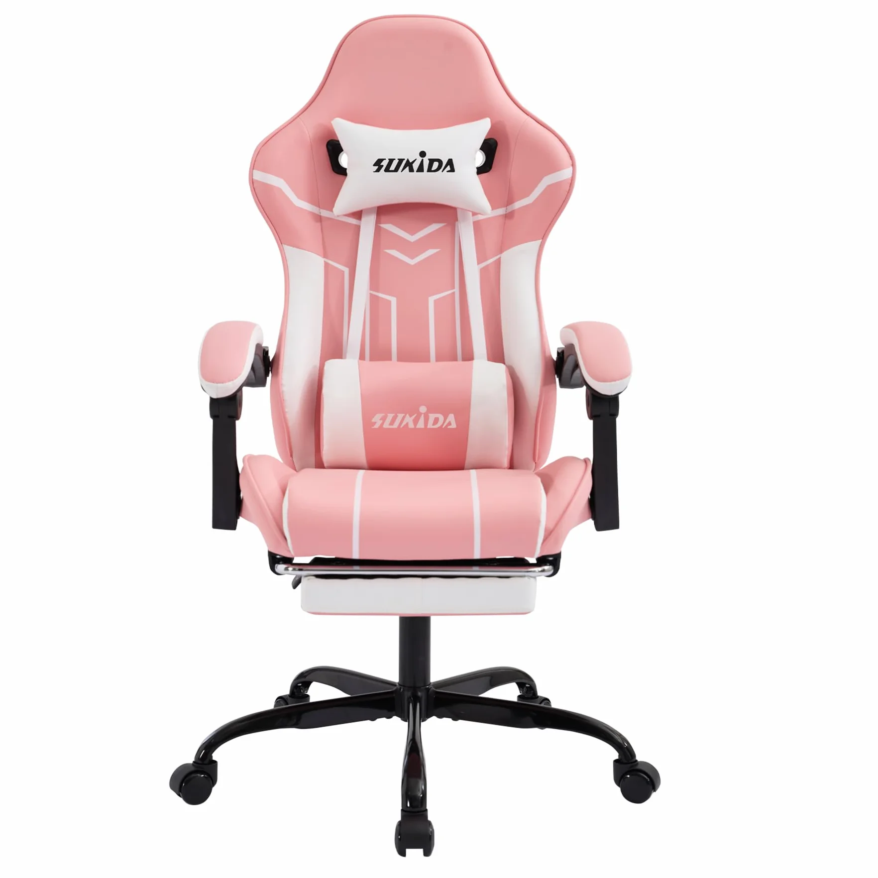 SUKIDA krzesło do gier komputerowych Ergonomiczny fotel do gier z podnóżkiem Biurowy fotel komputerowy Ergonomiczny fotel komputerowy z podparciem lędźwiowym Różowo-biały