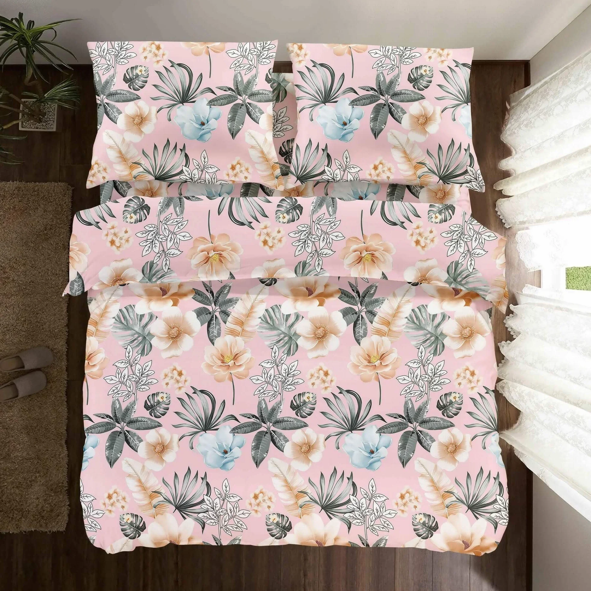Cotton Market Pościel 200x200 cm - Pościel Bawełniana - Komplet Pościeli 3 elementy – Poszwa na kołdrę 200x200 cm 2 poszwy na poduszkę 70x80 cm - Różowy i Szary, Kwiaty