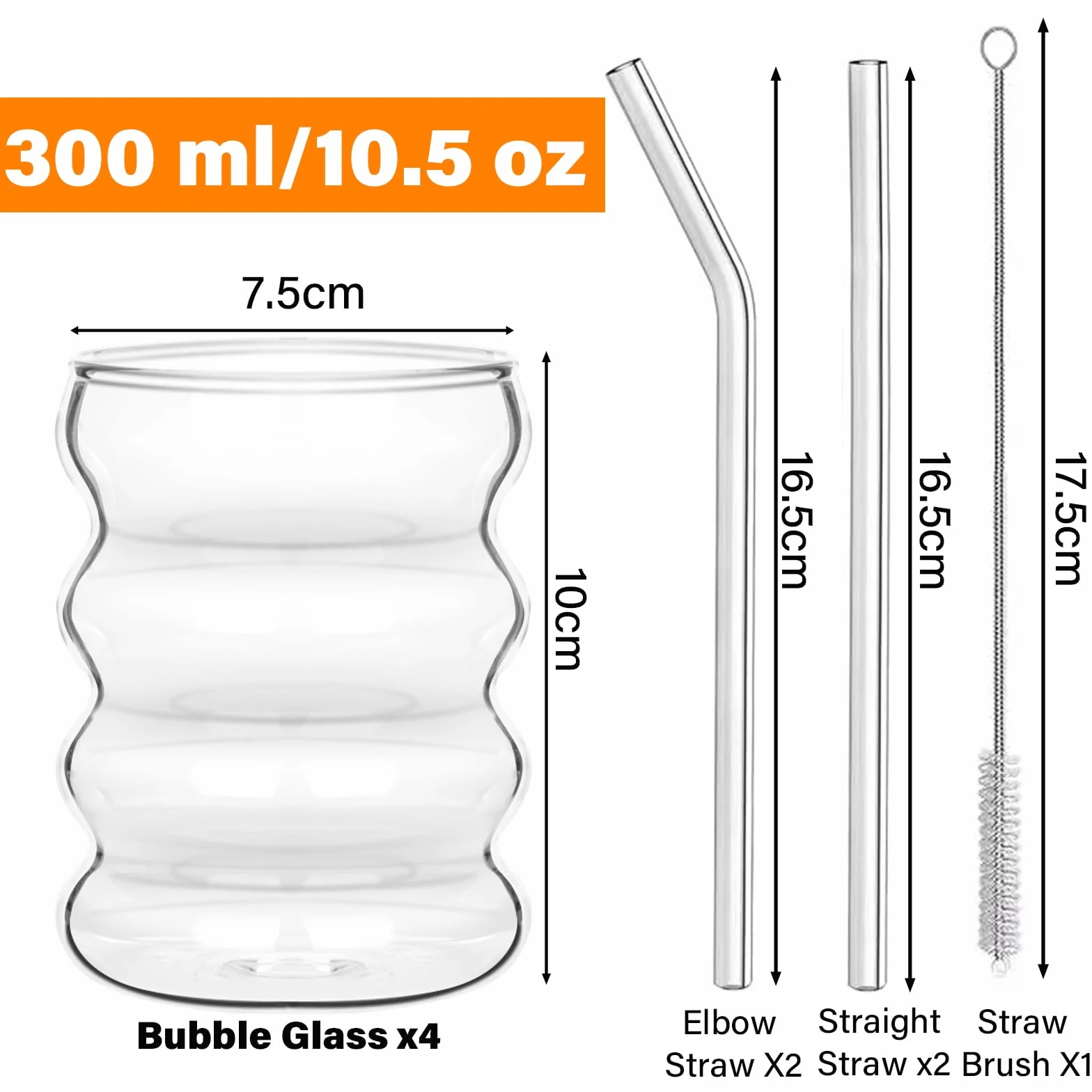 Withosent Szklanki bąbelkowe 300ml ze słomką, zestaw 4 żebrowanych szklanek do picia, szklanki Wave Tumbler, szklanki do wody na latte macchiato, mrożoną kawę, whisky, koktajle, jogurt, napoje
