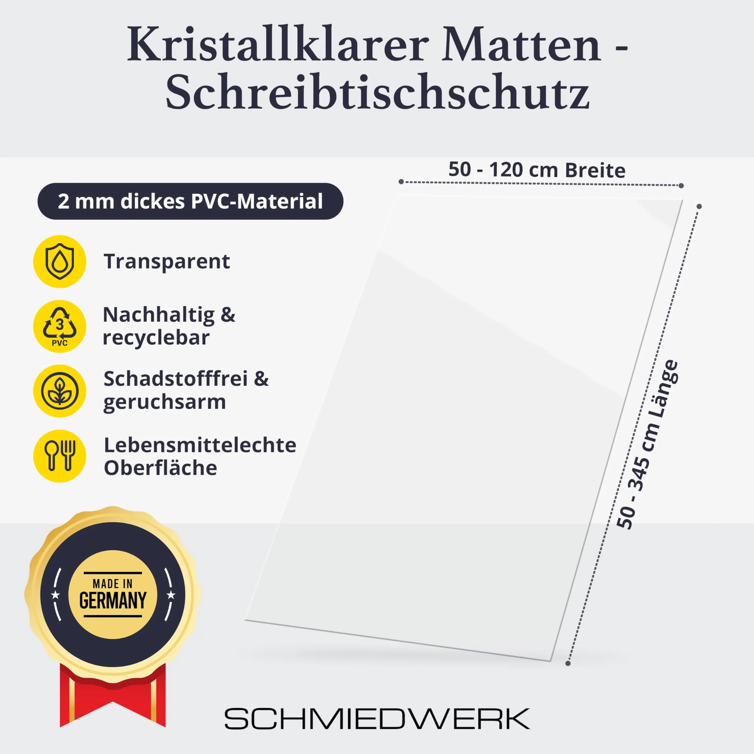 SCHMIEDWERK Przezroczysta ochrona stołu, na wymiar 2 mm, z przyjemną krawędzią – krystalicznie czysta folia ochronna na meble – folia ochronna na stół – wyprodukowano w Niemczech – mata ochronna na