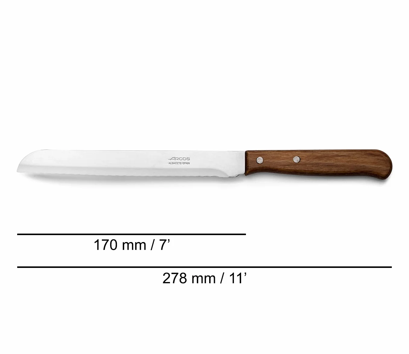 Arcos Nóż do chleba 7 cali Nitrum ze stali nierdzewnej i ostrze 170 mm. Uzyskaj dużą różnorodność cięć do żywności. Idealny nóż do codziennego użytku domowego. Seria Latina. Kolor brązowy.