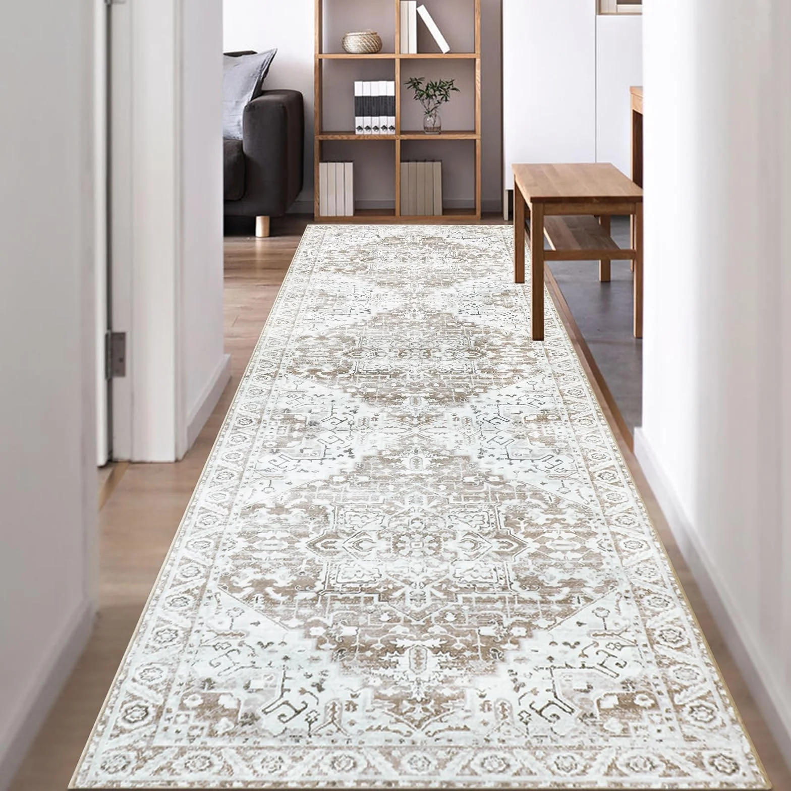 Famibay Dywan na korytarz, antypoślizgowy, można prać, dywany chodnik, 80x300cm, bardzo długi, kolor beżowy, brązowy, vintage, dywany kuchenne, na korytarz, podłogowe, dywany do wejść, sypialni
