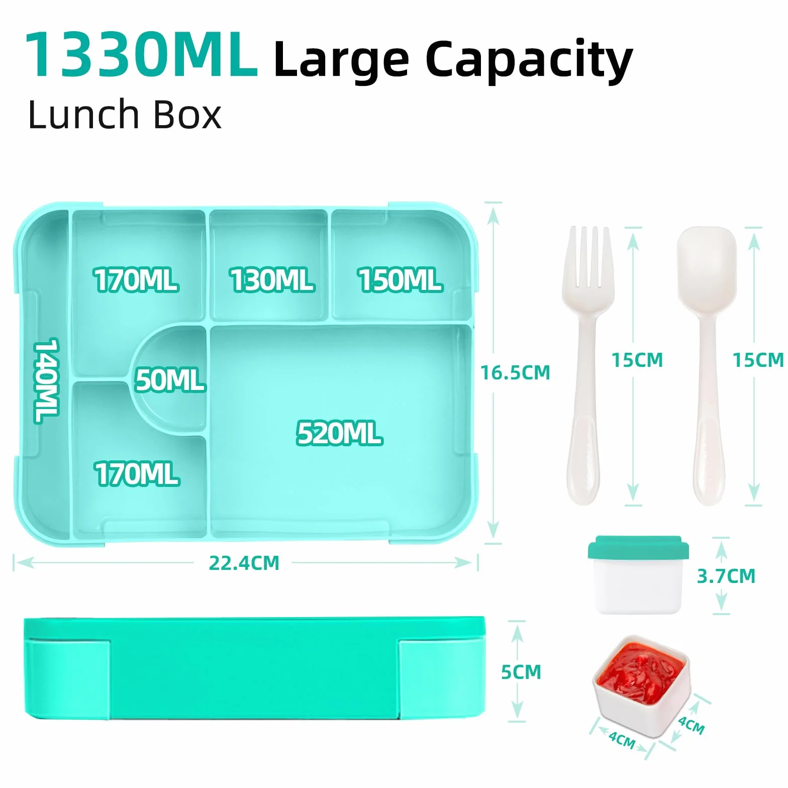 Pudełko śniadaniowe dla dzieci z przegródkami, 1330 ml, nie zawiera BPA, pudełko na przekąski dla dzieci (łyżka i widelec), wielokrotnego użytku, pudełko na lunch do szkoły, na piknik, do