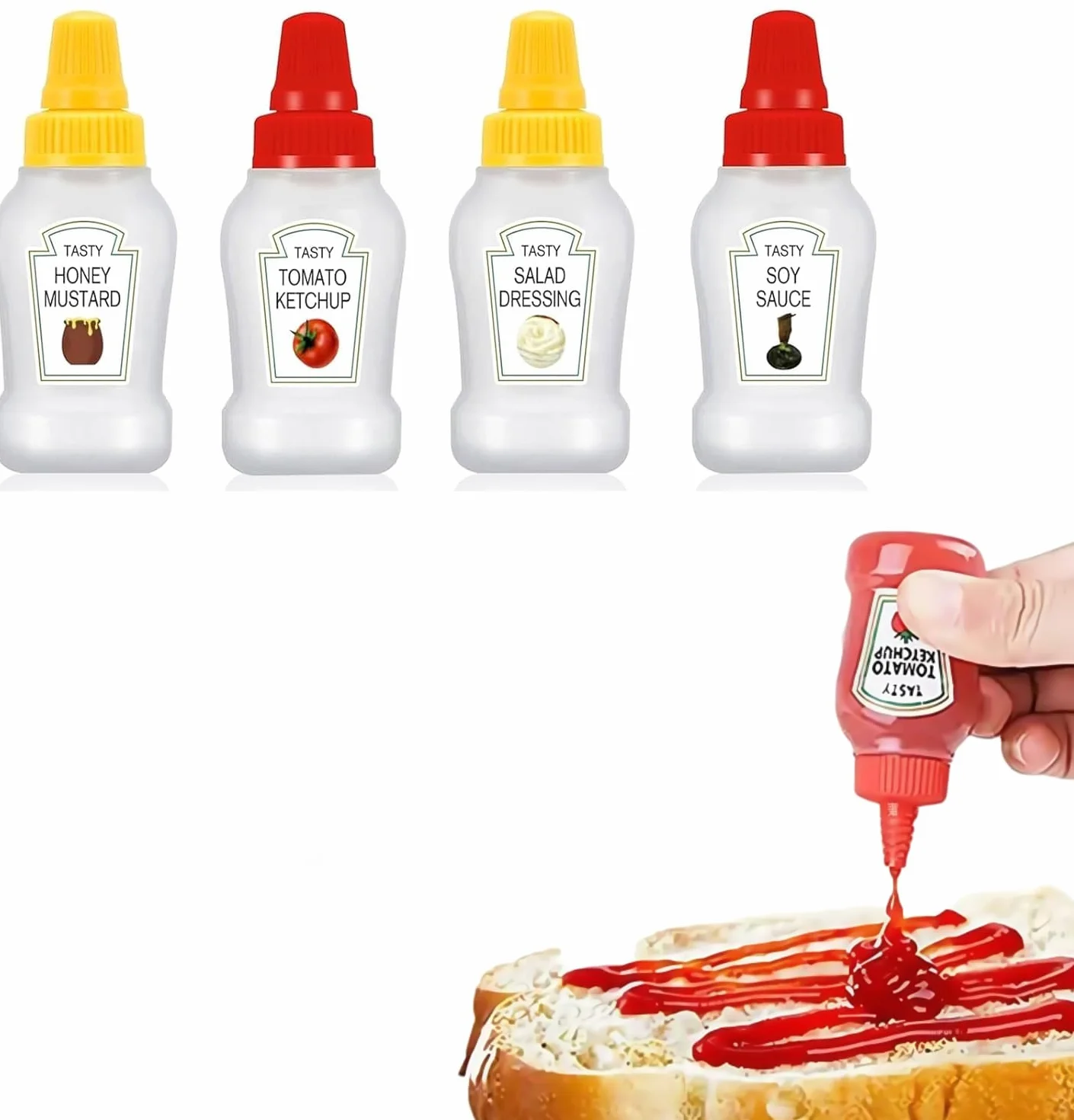 Mini butelka na ketchup, 4 sztuki 23 ml butelka do wyciskania, przenośny pojemnik, mini sos sojowy, ketchup, sos sałatkowy