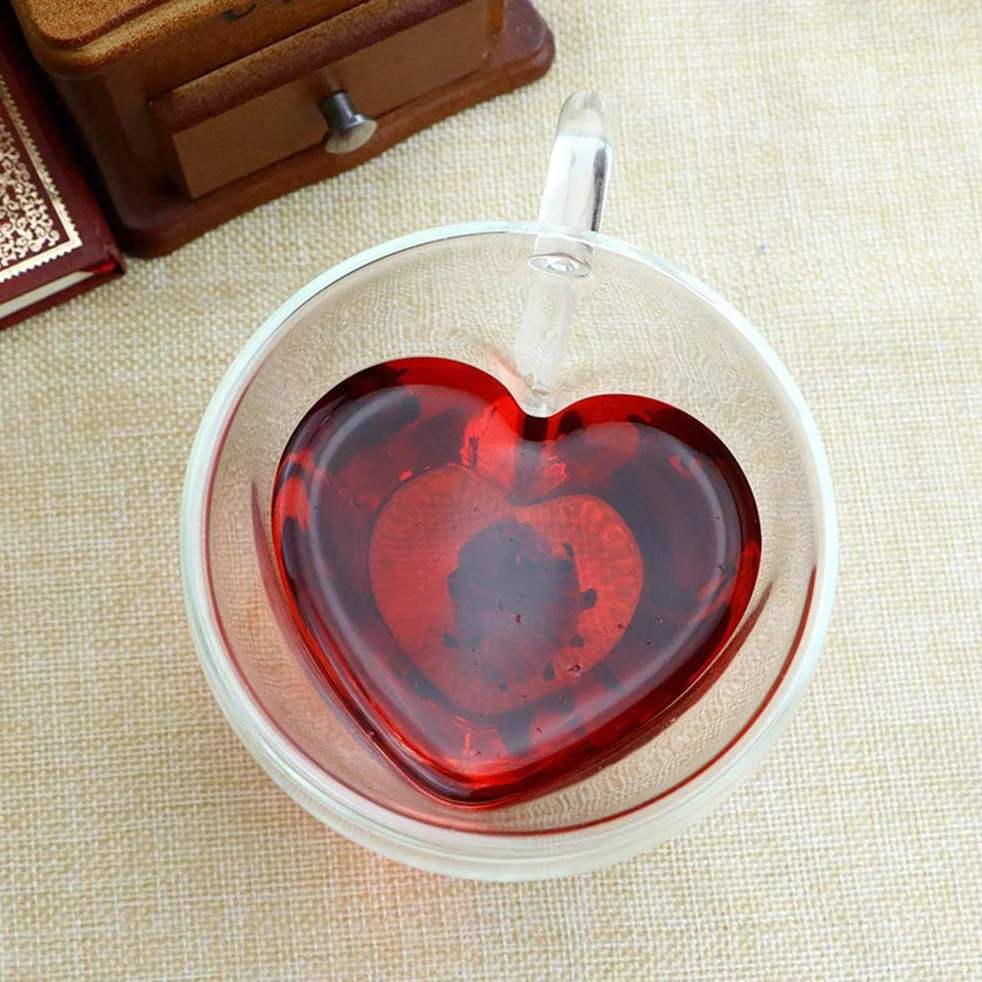 Szklany kubek, w kształcie serca podwójna ściana szklany kubek żaroodporny kubek do herbaty 180 ml/240 ml