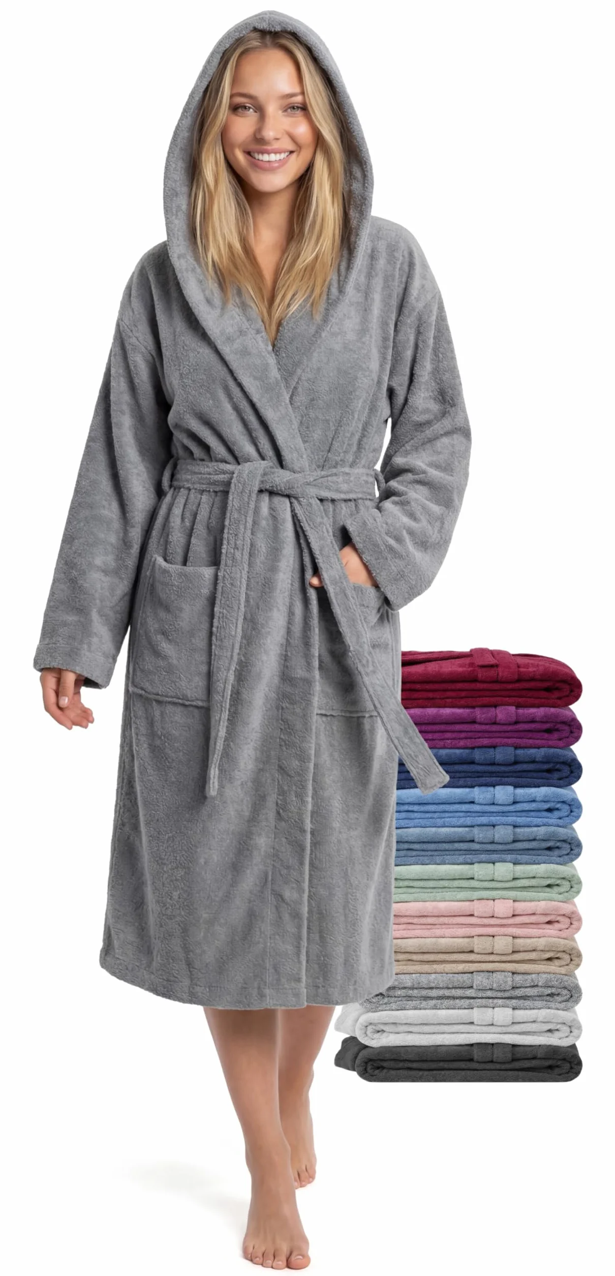 Szlafrok Damski z Kapturem 100% Bawełna Frotte 380 g/m² – Długość do Łydki, Rozmiary S–XXL