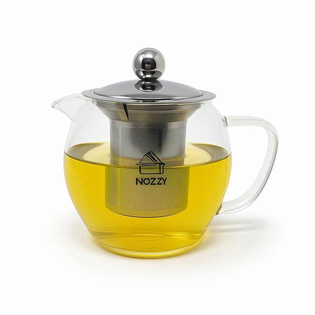 Nozzy Szklany czajniczek z zaparzaczem ze stali nierdzewnej, 1200 ml, borokrzemowy dzbanek do herbaty, przezroczysty, nowoczesny design z sitkiem do herbaty sypkiej, 4-6 filiżanek