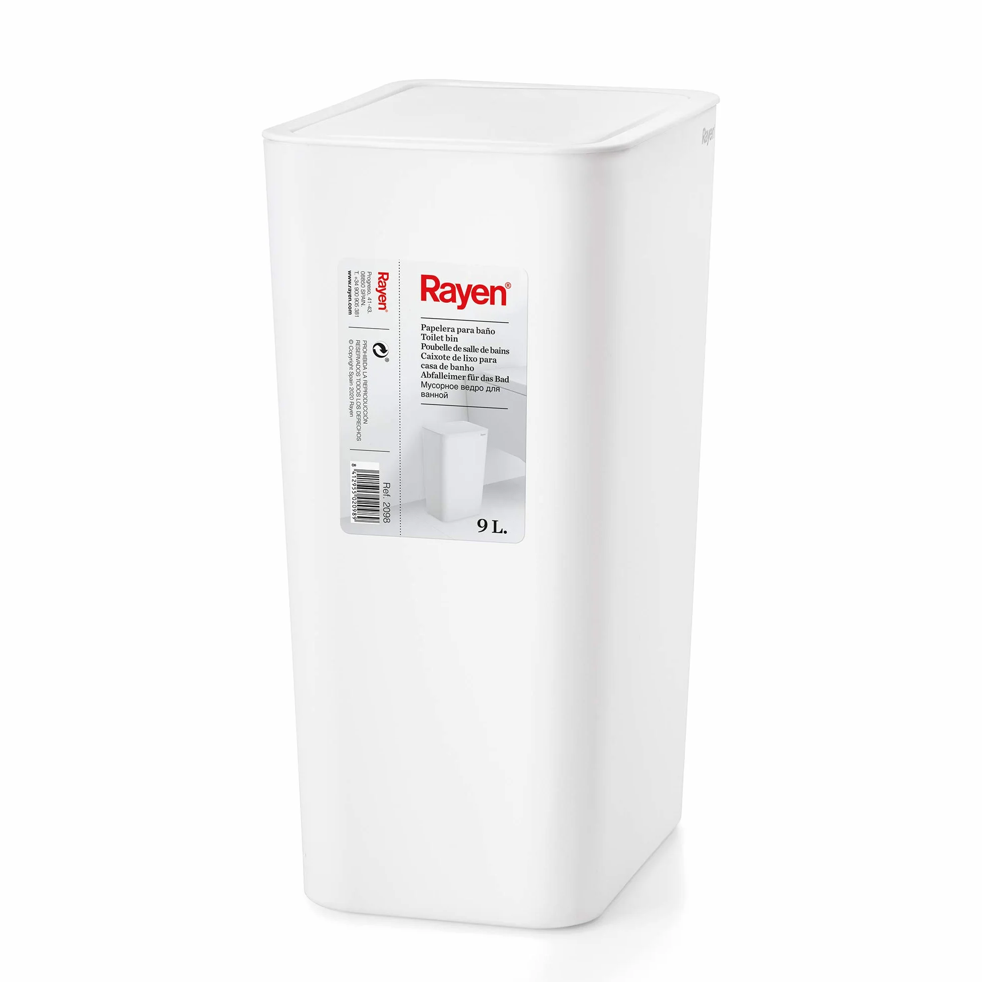 Rayen - Kosz na śmieci z pokrywką ciśnieniową, 9 l, kompaktowy kosz na śmieci do łazienki, kuchni i biura, biały, 22 x 16 x 33 cm, polipropylen
