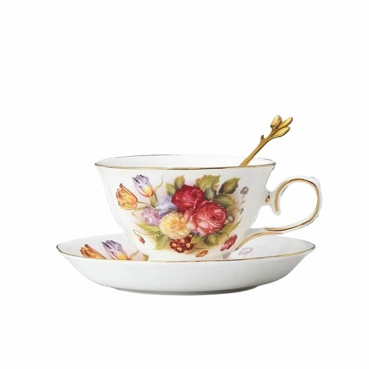 Ceramiczny kubek do kawy spodek zestaw łyżek kwiatowych filiżanki do herbaty europejski porcelanowy kubek i do kubków do kawy (biały_A)