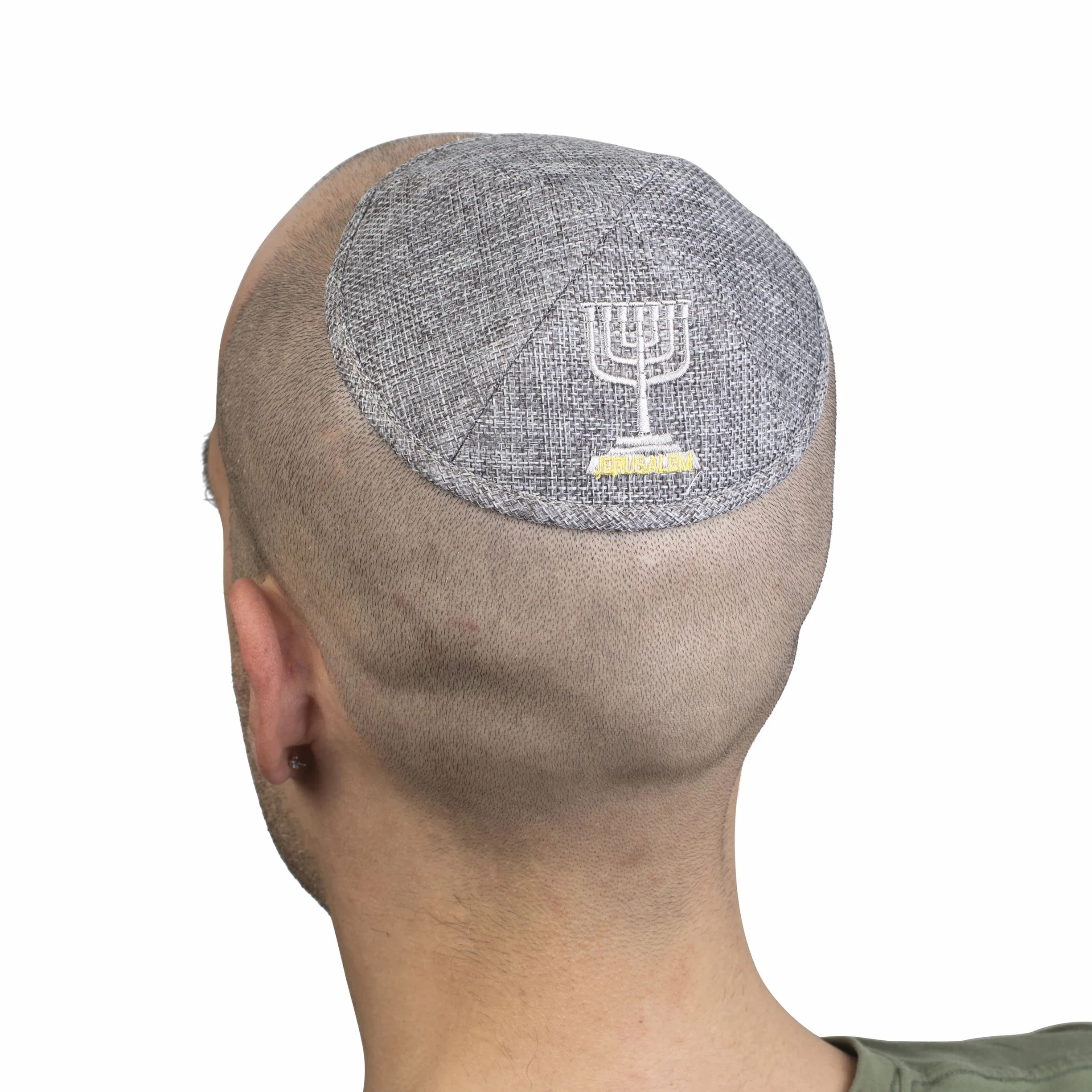 Ciemnoszary lniany kippah haftowany Jerozolima Menorah Yarmulke Judaika 15 cm