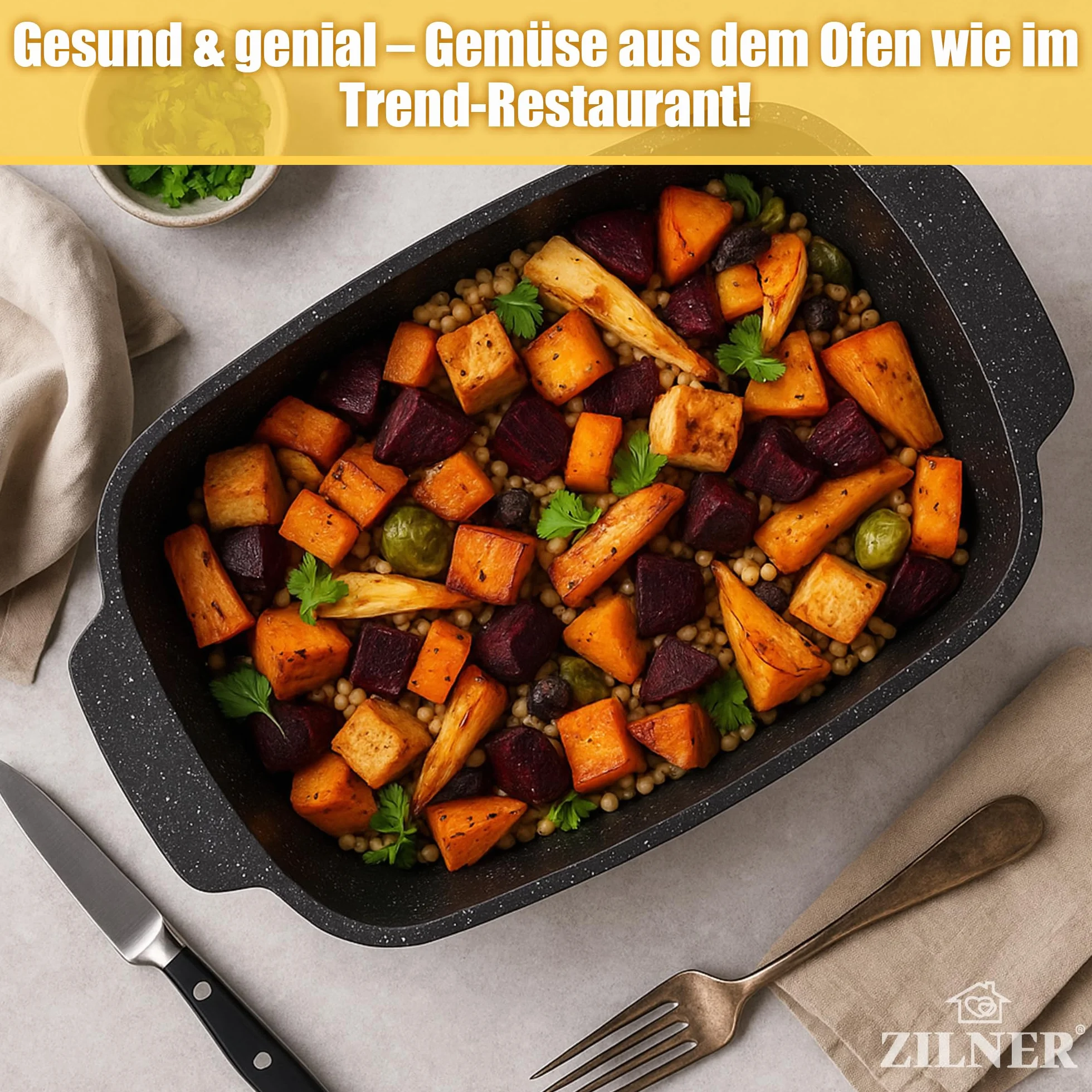Naczynie do pieczenia 5,5 l z marmurową powłoką nieprzywierającą – 32 cm – szklana pokrywka z przyciskiem aromatyzującym – nadaje się do płyt indukcyjnych – aluminium – nadaje się do piekarnika