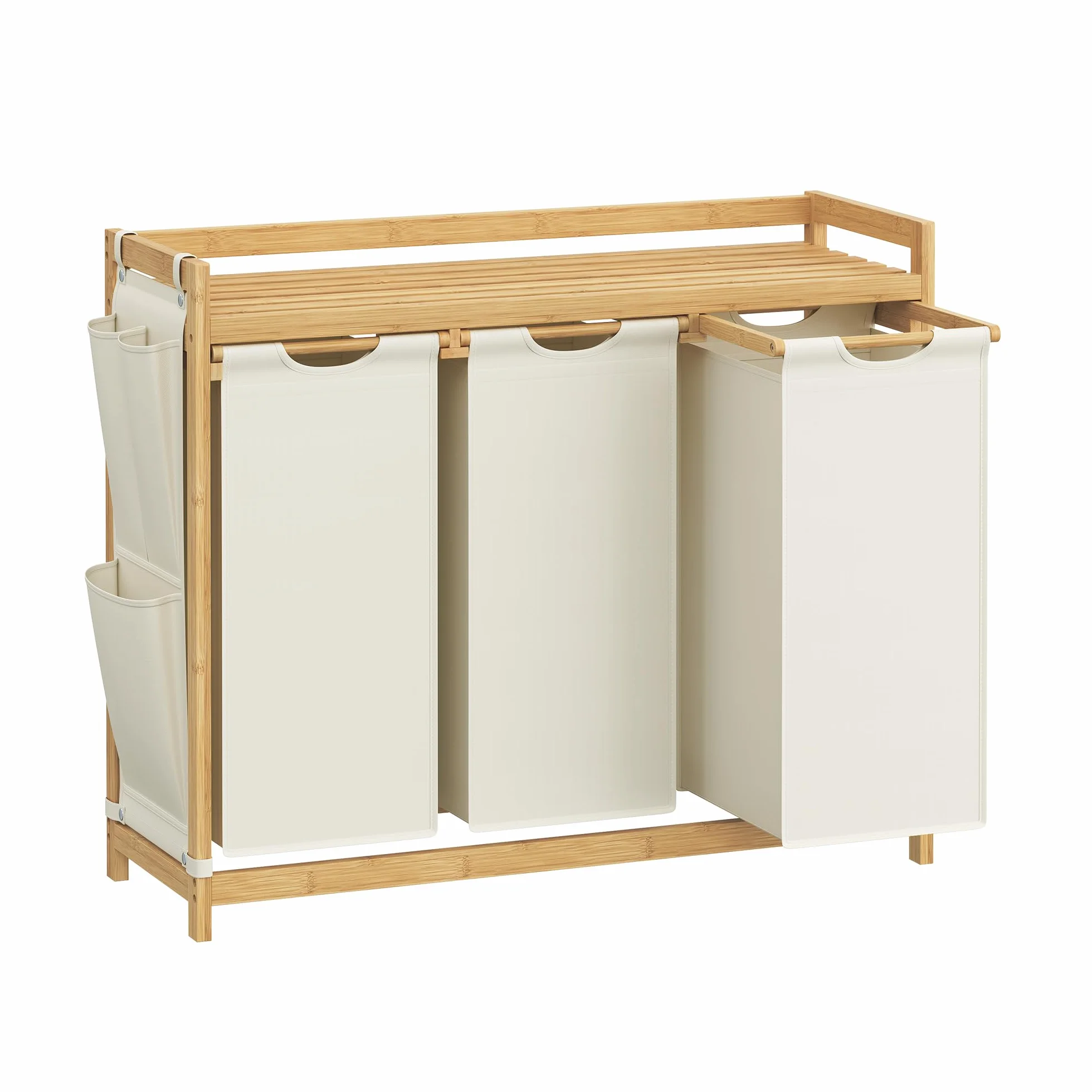 SONGMICS Kosz na pranie, z 3 przegródkami, kosz na brudną bieliznę, bambusowy, pojemność 150 l, z półką, kieszeniami bocznymi, 3 x 50 l, 94 x 33 x 78 cm, kremowo-biały RLH115W01