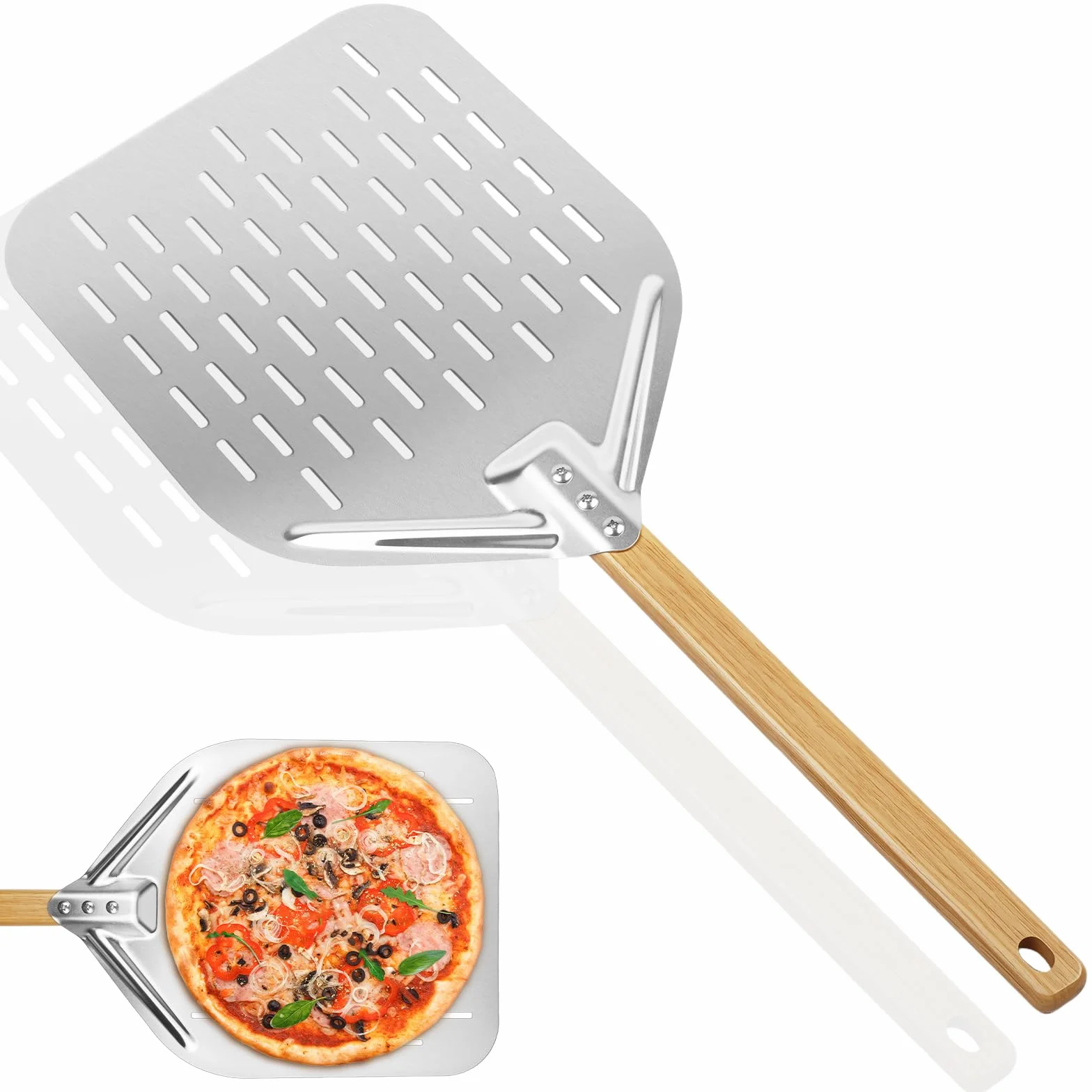Łopata do pizzy perforowana, srebrzysta, 12-calowa, 39,5 * 30 cm, aluminiowa łopata do pizzy, profesjonalna łopata do pizzy z dużą powierzchnią i wyjmowaną