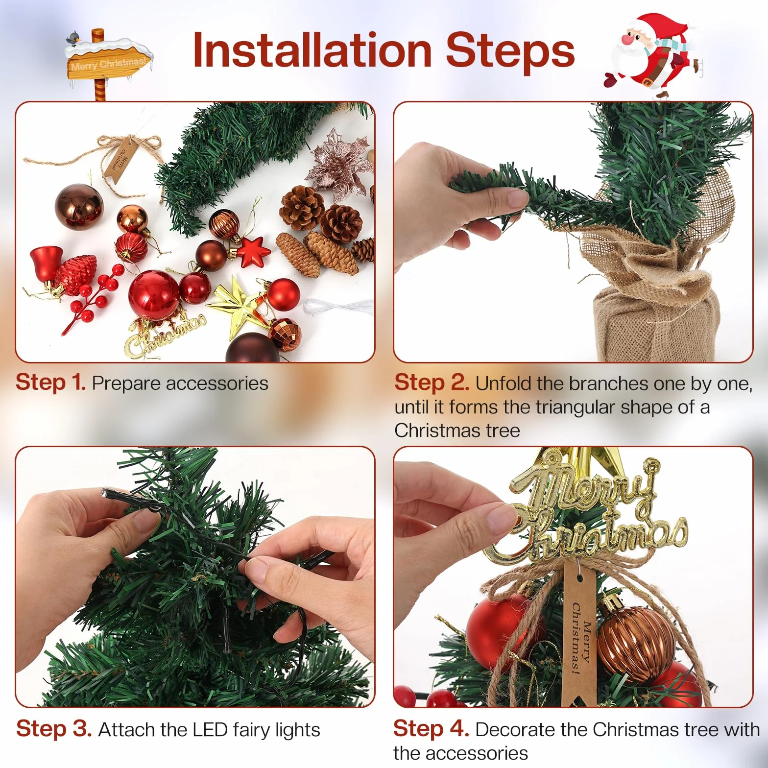 Mini choinka 45 cm, mała sztucznie wykonana choinka bożonarodzeniowa z oświetleniem LED, choinka na stół, mini choinka bożonarodzeniowa do dekoracji świątecznej