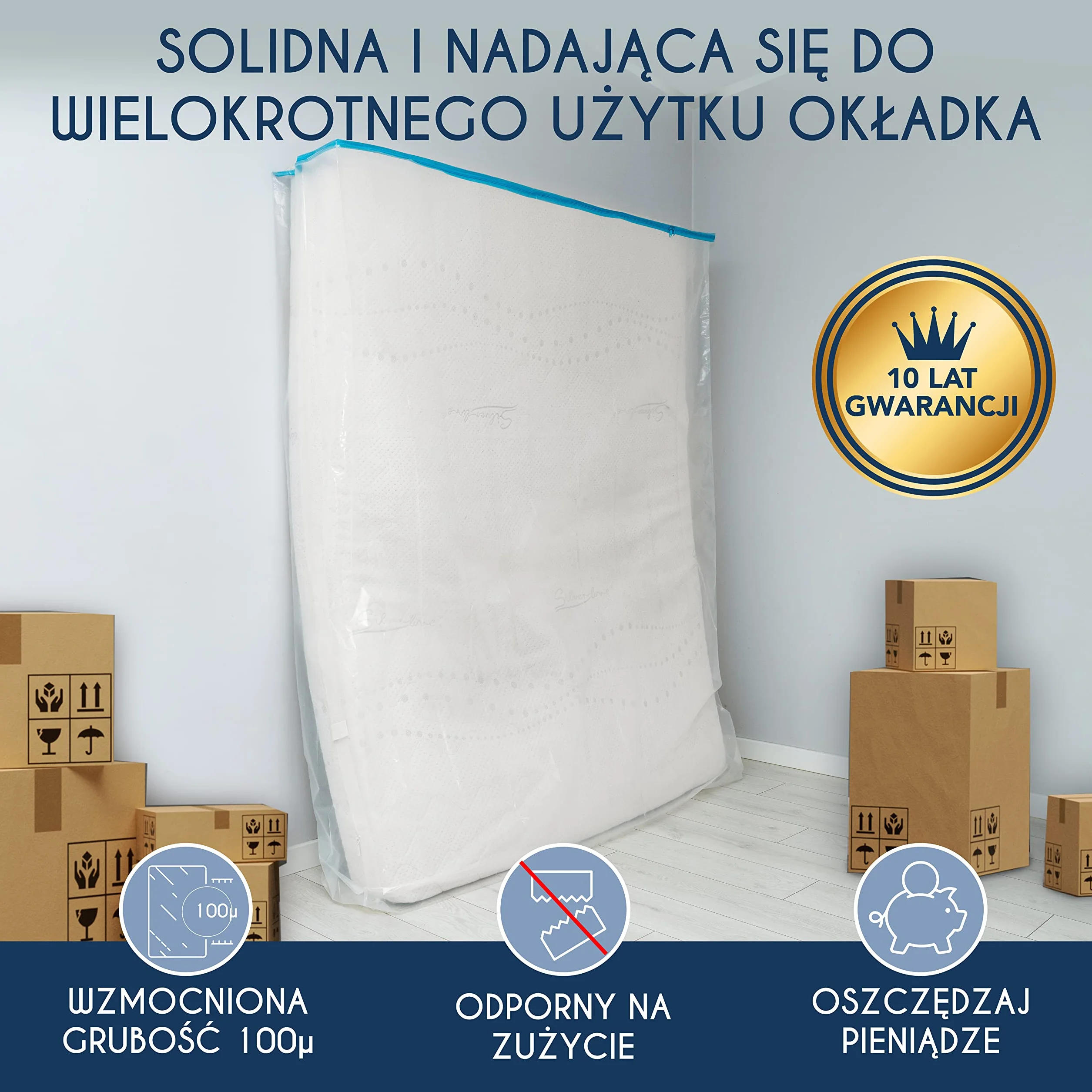 Plastikowy pokrowiec ochronny na materac 100x200 cm 30 cm z dużym zamkiem błyskawicznym