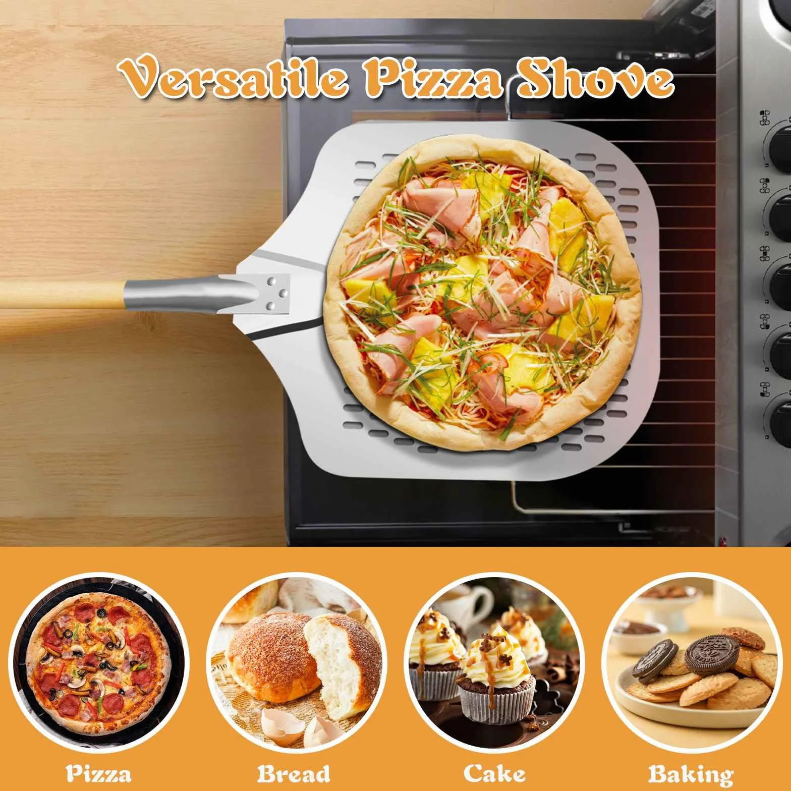 Gute Perforowana łopatka do pizzy, łopatka do pizzy, z twardego aluminium, 3-częściowy zestaw 138 cm długości, duża łopatka do pizzy ze zdejmowanym długim drewnianym uchwytem, łopatka do pizzy do