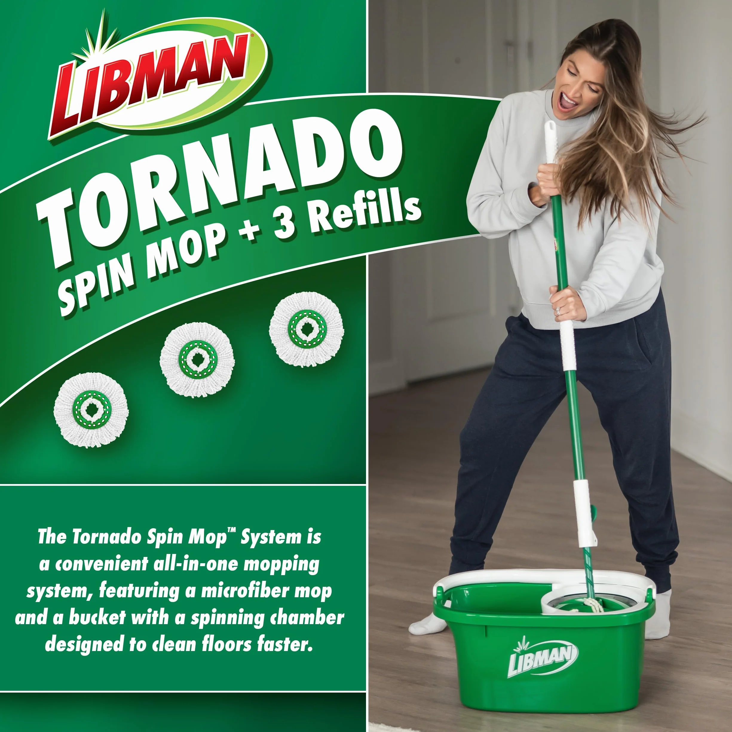 Libman Tornado system mopa spinningowego z 3 głowicami uzupełniającymi, mop spinningowy z mikrofibry i wiadro z zestawem do wyciskania do domu, czyszczenia podłóg z twardego drewna, laminatu, płytek,