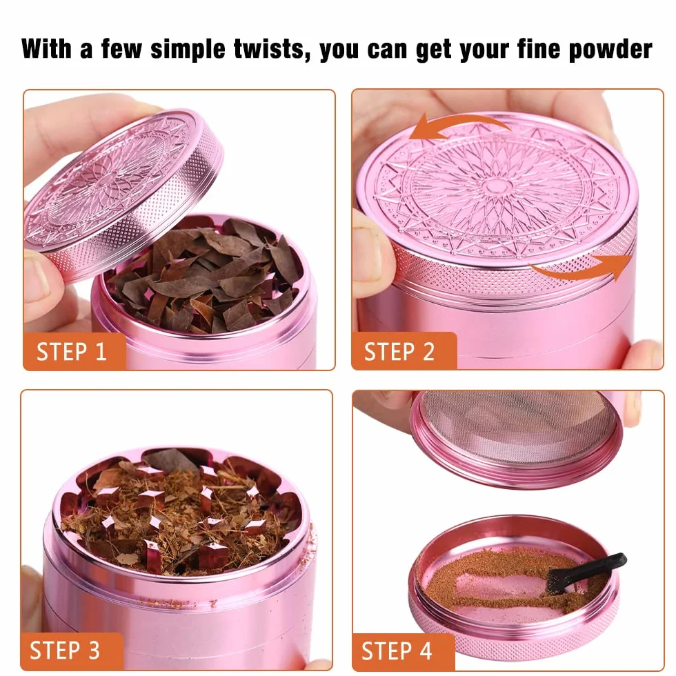 Herb Grinder, aluminiowy młynek premium 2,5 cala (63mm) z wytłoczonym kwiatem, 4-częściowy, duży młynek ze skrobakiem do pyłków (różowy)