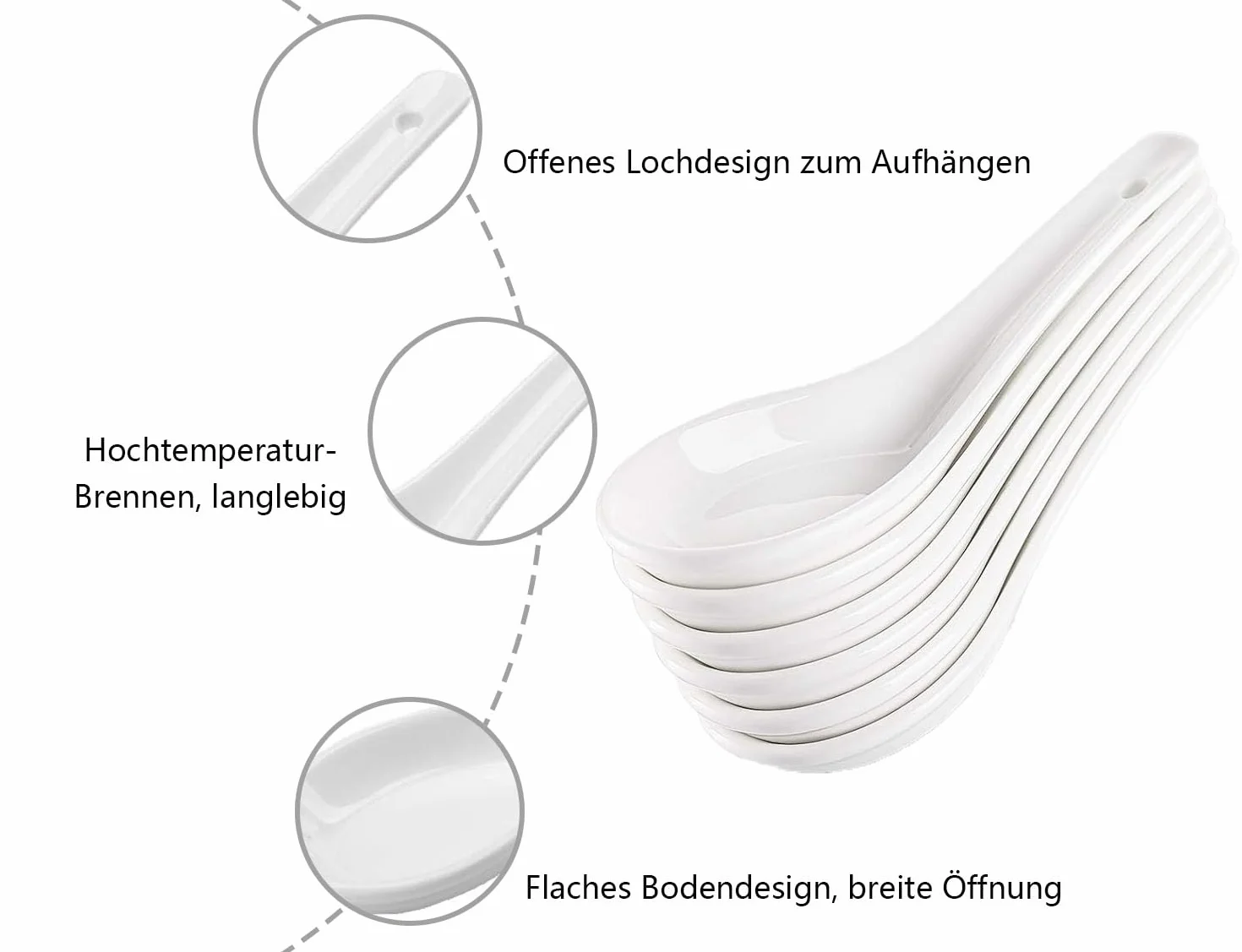 LATRAT 6 x ceramiczne łyżki do zupy, łyżki do zupy, zestaw łyżek porcelanowych, łyżki do serwowania miski ryżu, ramen, przystawki, deser, biały