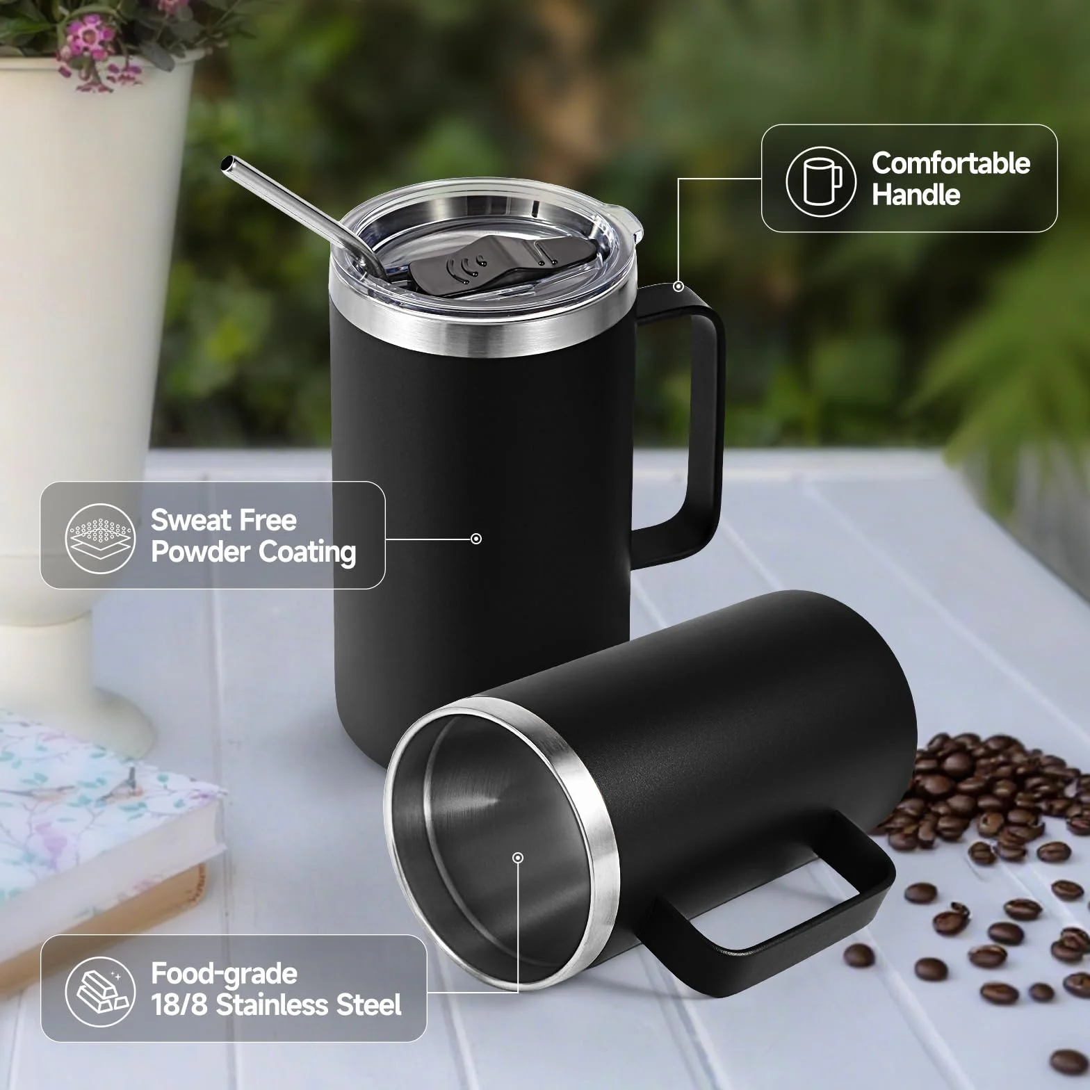 Volhoply 700 ml izolowany kubek do kawy z pokrywką i słomką, kubki podróżne ze stali nierdzewnej z uchwytem, szczelny kubek do kawy z podwójną ścianką do gorących i zimnych napojów (czarny, 1