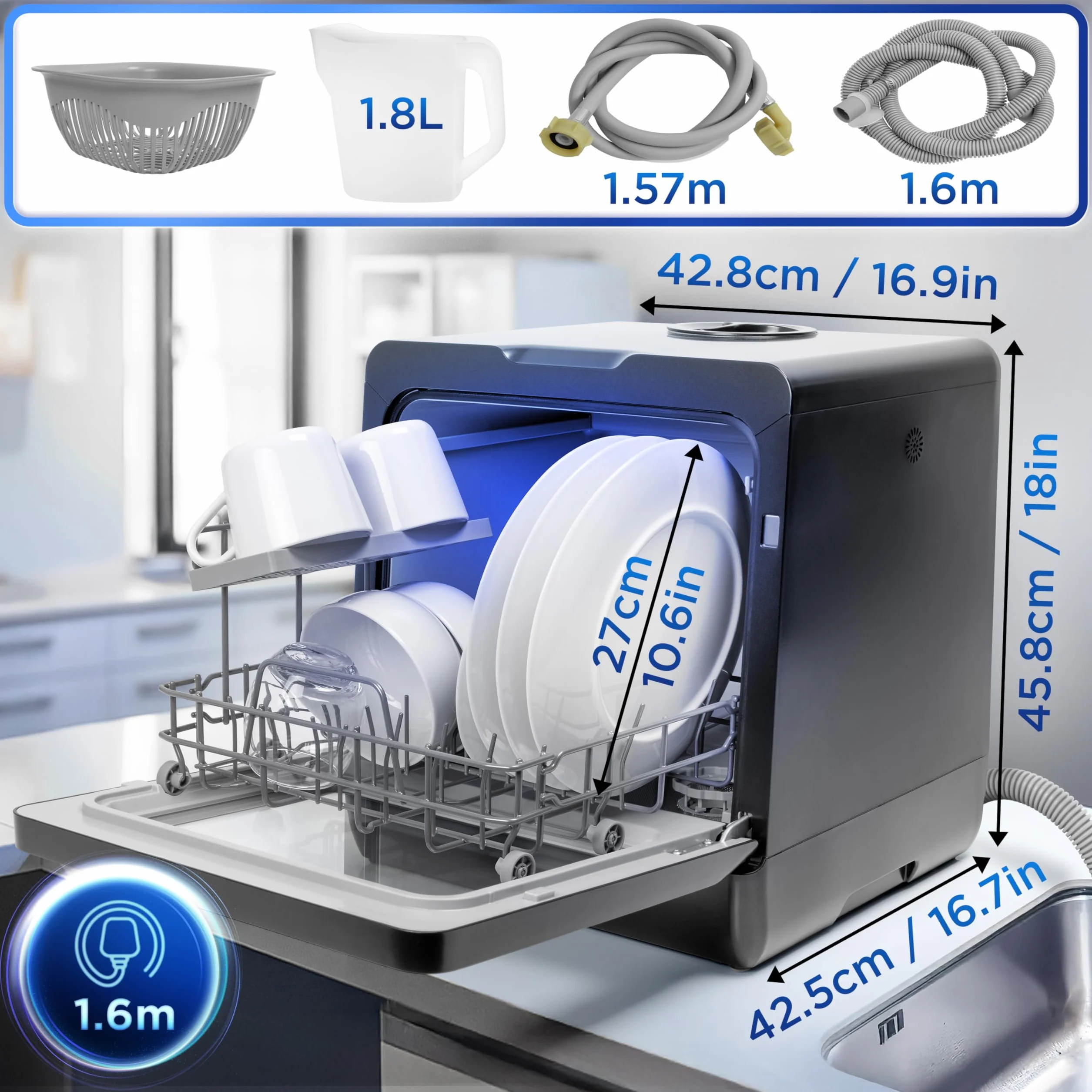 Duronic DW5 BK Zmywarka nablatowa z lub bez przyłącza wody 950W przenośna kompaktowa 5l /cykl do naczyń szkła owoców mała zmywarka stołowa czarna