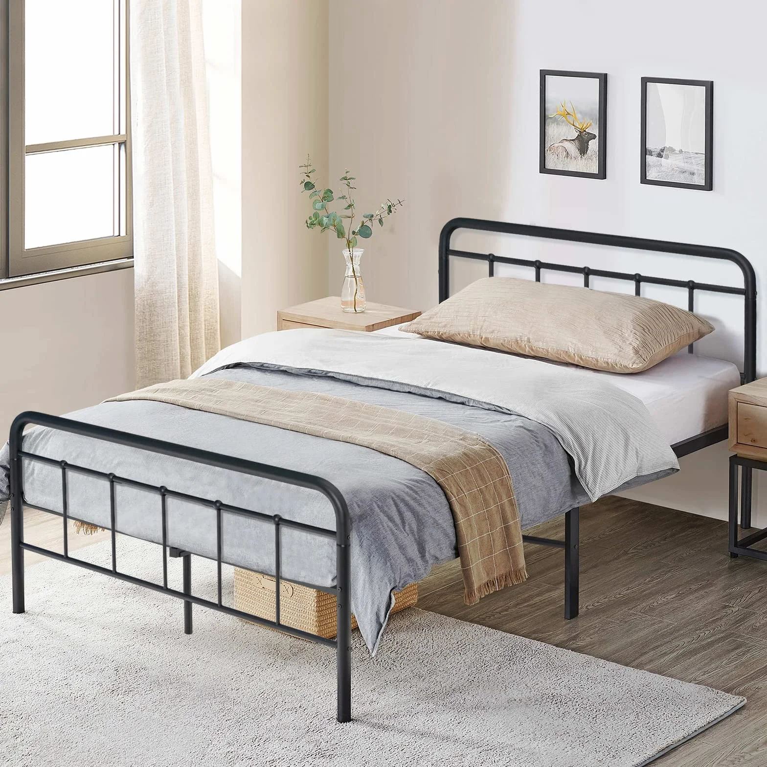 COSTWAY metalowe łóżko z ramą na materac 200 x 160 cm, podwójne stelaż łóżka, łóżko z ramą i szkieletem, miejsce do przechowywania pod łóżkiem, metalowe łóżko gościnne z platformą
