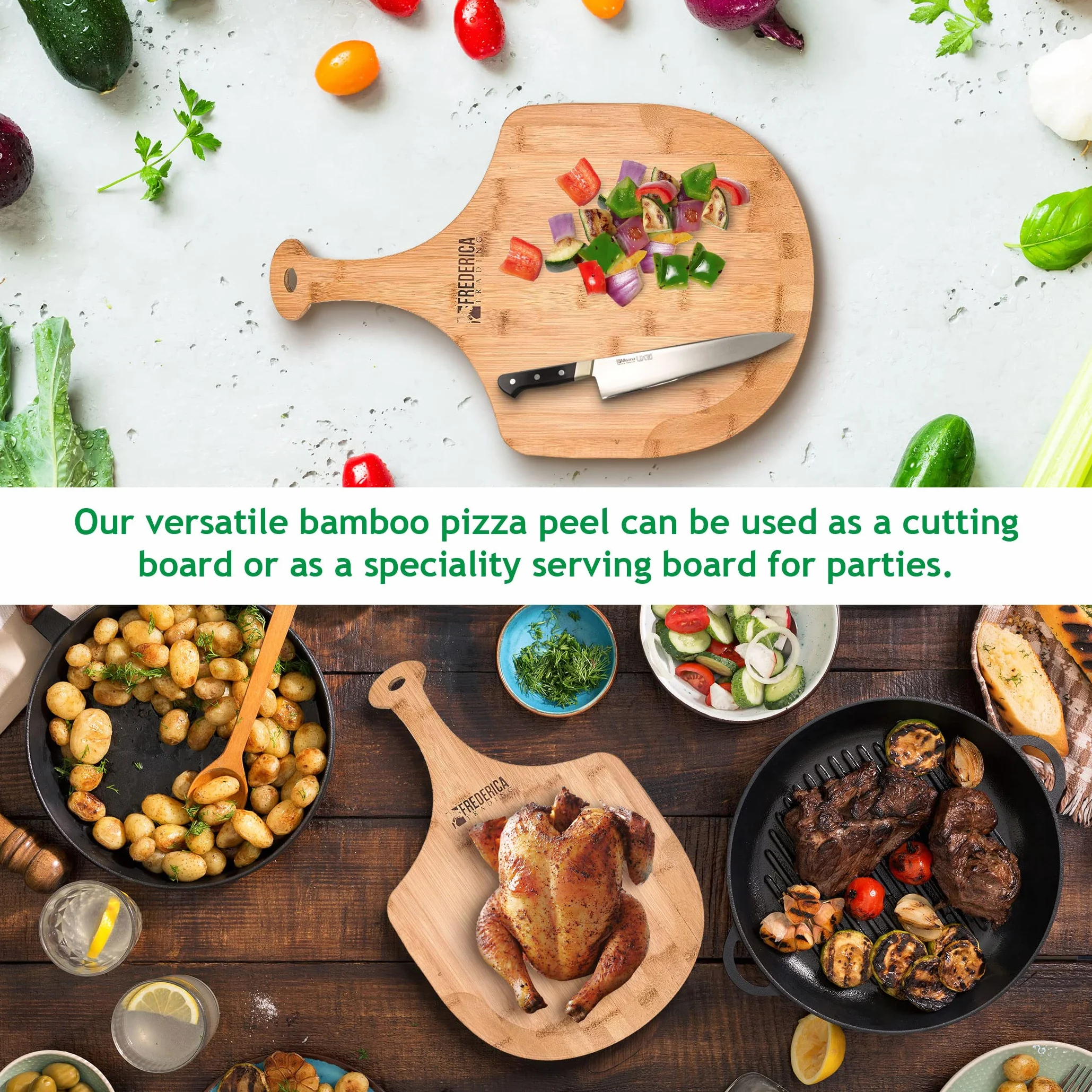 Bambusowa drewniana łopatka do pizzy – najwyższej jakości, organiczna bambusowa szpatułka do pizzy i deska do krojenia z uchwytem [do pizzy, pieczenia chleba, tacki do serwowania owoców i sera]