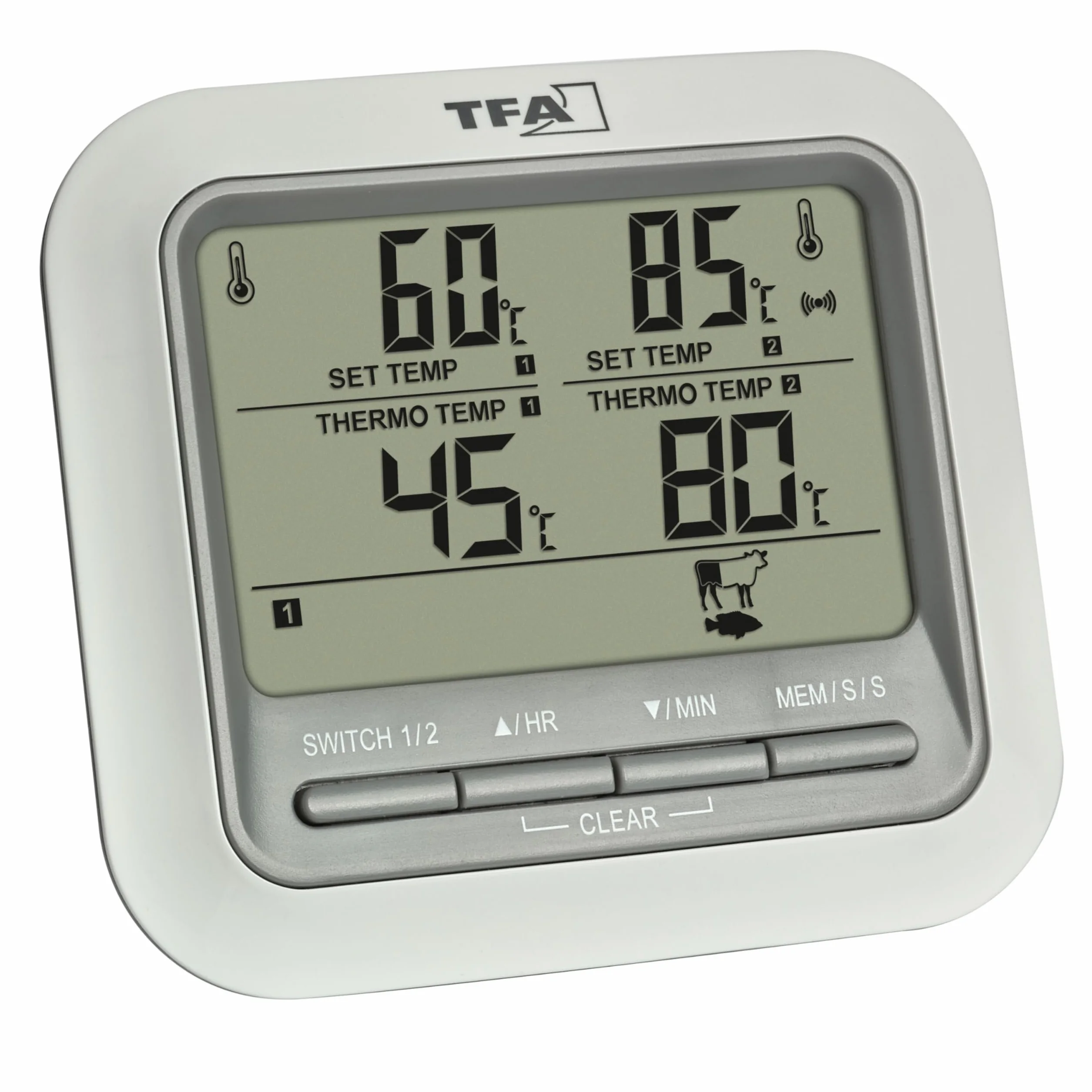 TFA Dostmann Cyfrowy termometr do grilla i pieczenia, 14.1516, z 2 sondami ze stali nierdzewnej, termometr do mięsa do piekarnika+grilla, do 300°C, z funkcją alarmową, wołowina/wieprzowina/kurczak