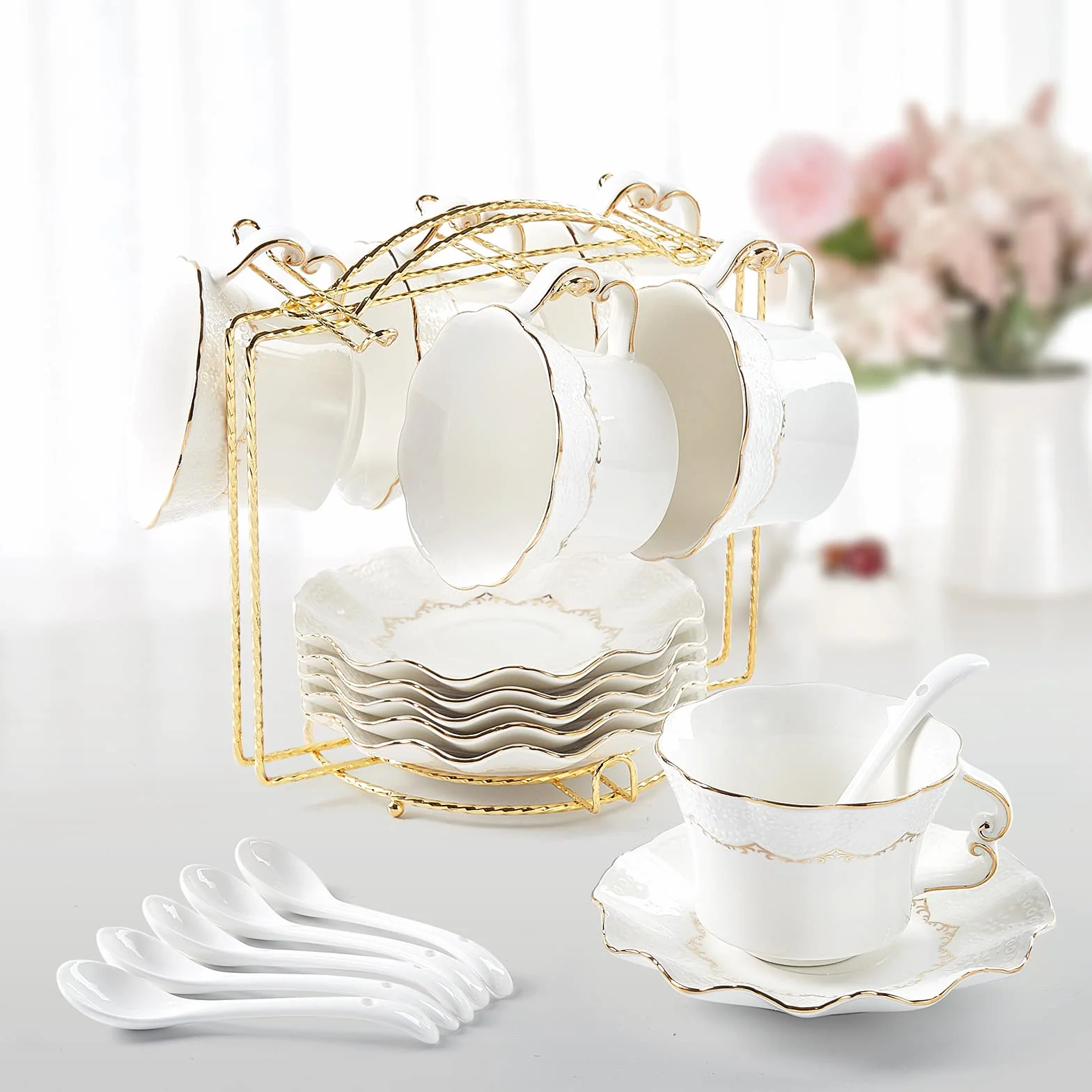 DUJUST Zestaw 6 filiżanek do herbaty i spodków (220 ml), luksusowy, do herbaty, ze złotym wykończeniem, czarny, do kawy, z metalowym stojakiem, brytyjska porcelana, na przyjęcie herbaciane, czarne