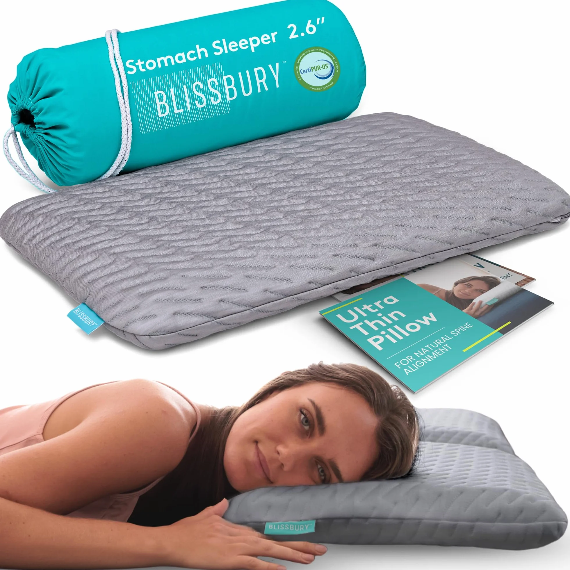 BLISSBURY Cienka poduszka do spania na brzuchu 6,6 cm bambusowa zmywalna osłona