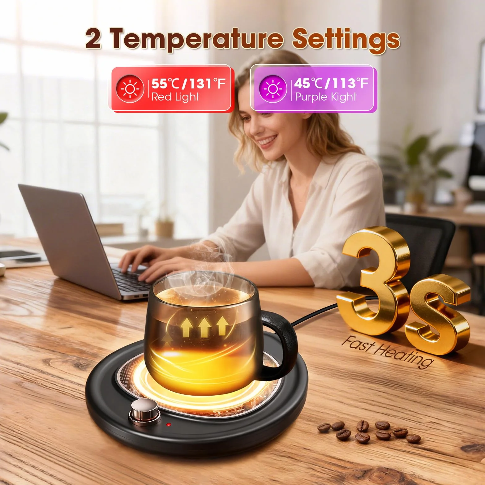 Podgrzewacz do filiżanek kawy, biurko podgrzewacz filiżanek 2 ustawienia temperatury kontrola temperatury napój elektryczny herbata mleko świeca podgrzewacz biurowy (czarny)