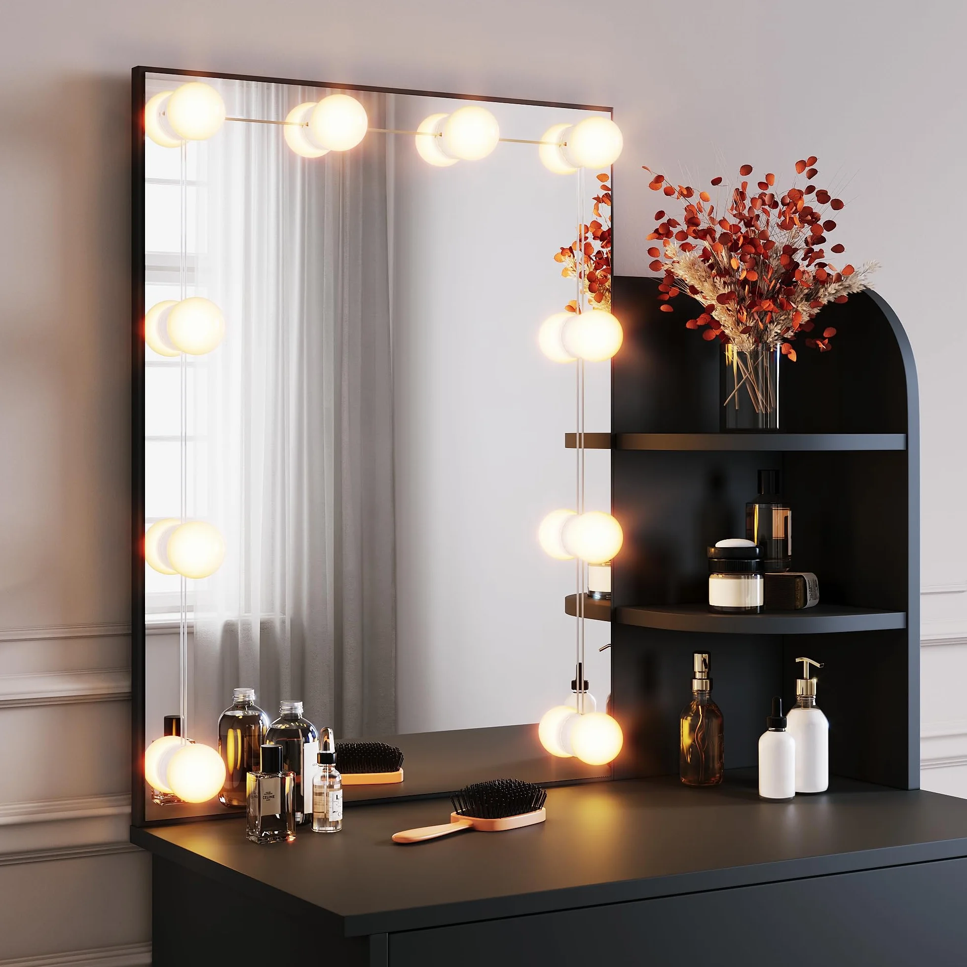 SONNI Toaletka z oświetleniem LED i lusterkiem HD, z 10-stopniową regulacją jasności, 3 kolory, toaletki z szufladami do sypialni, 3 otwarte przegrody, czarna, 70x40x140cm