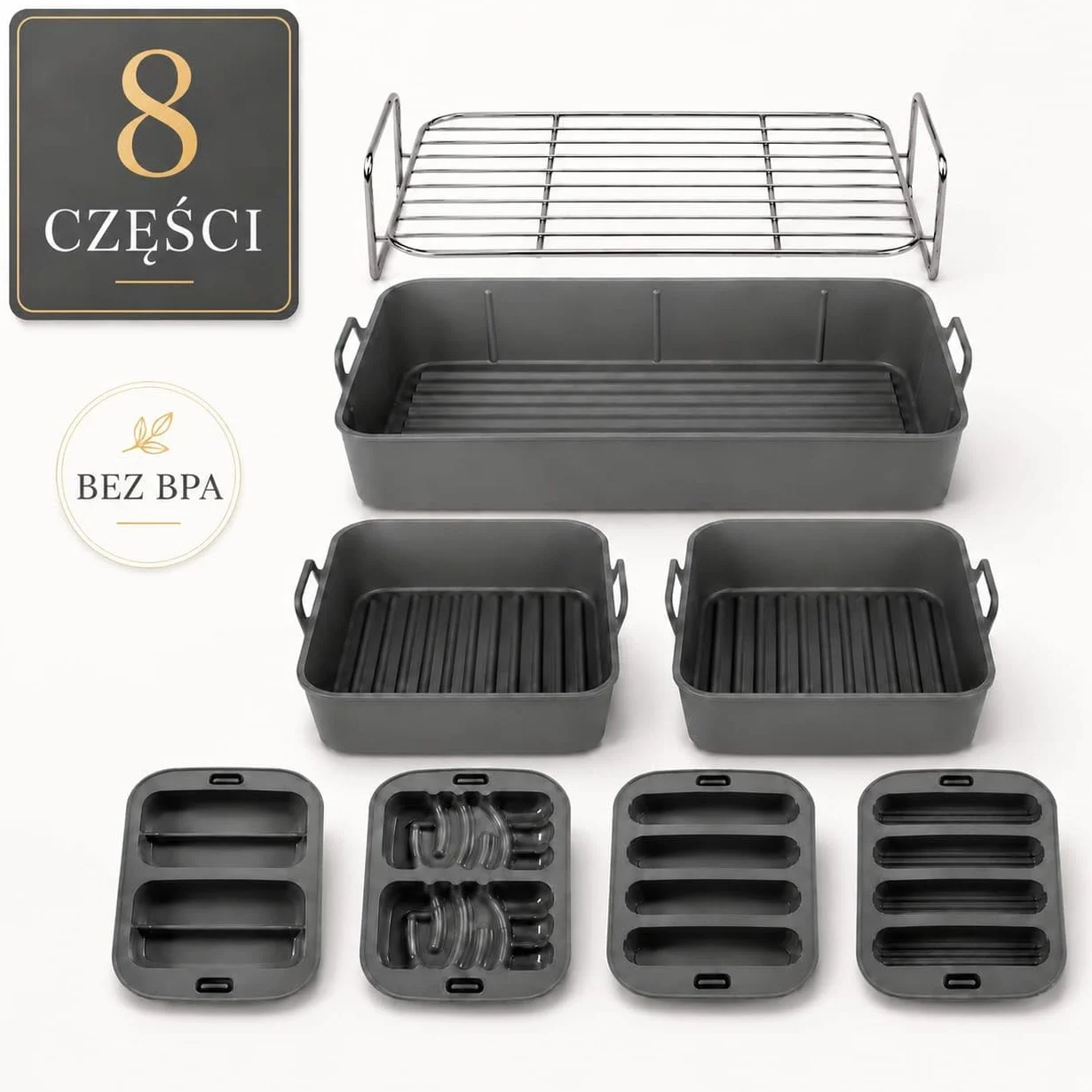 Zestaw 8 akcesoriów do frytkownicy beztłuszczowej Cosori TwinFry 10L | 3 foremki z dnem o łagodnych falach, 4 foremki o różnych kształtach i 2-poziomowa kratka S304, do zmywarki, do 230°C