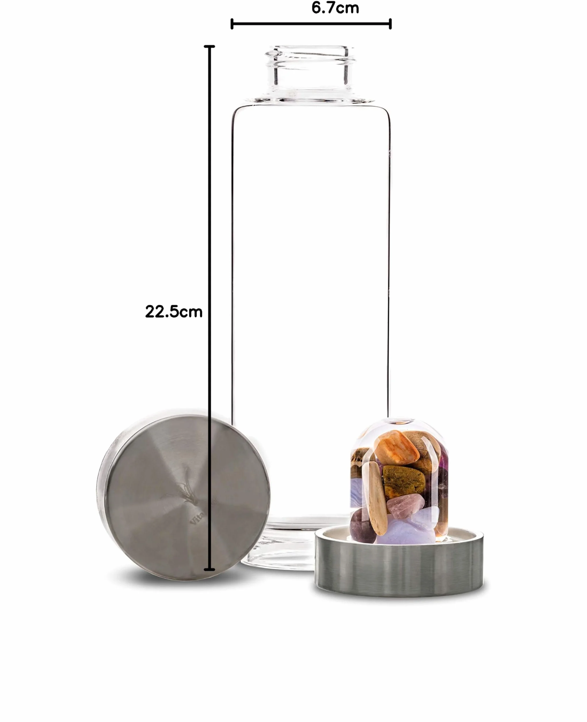 VitaJuwel ViA Five Elements, kryształowa butelka na wodę z ametystem, chalcedon, skamieniałe drewno, kwarc różowy, agat, odbicie, wzrost i podkład
