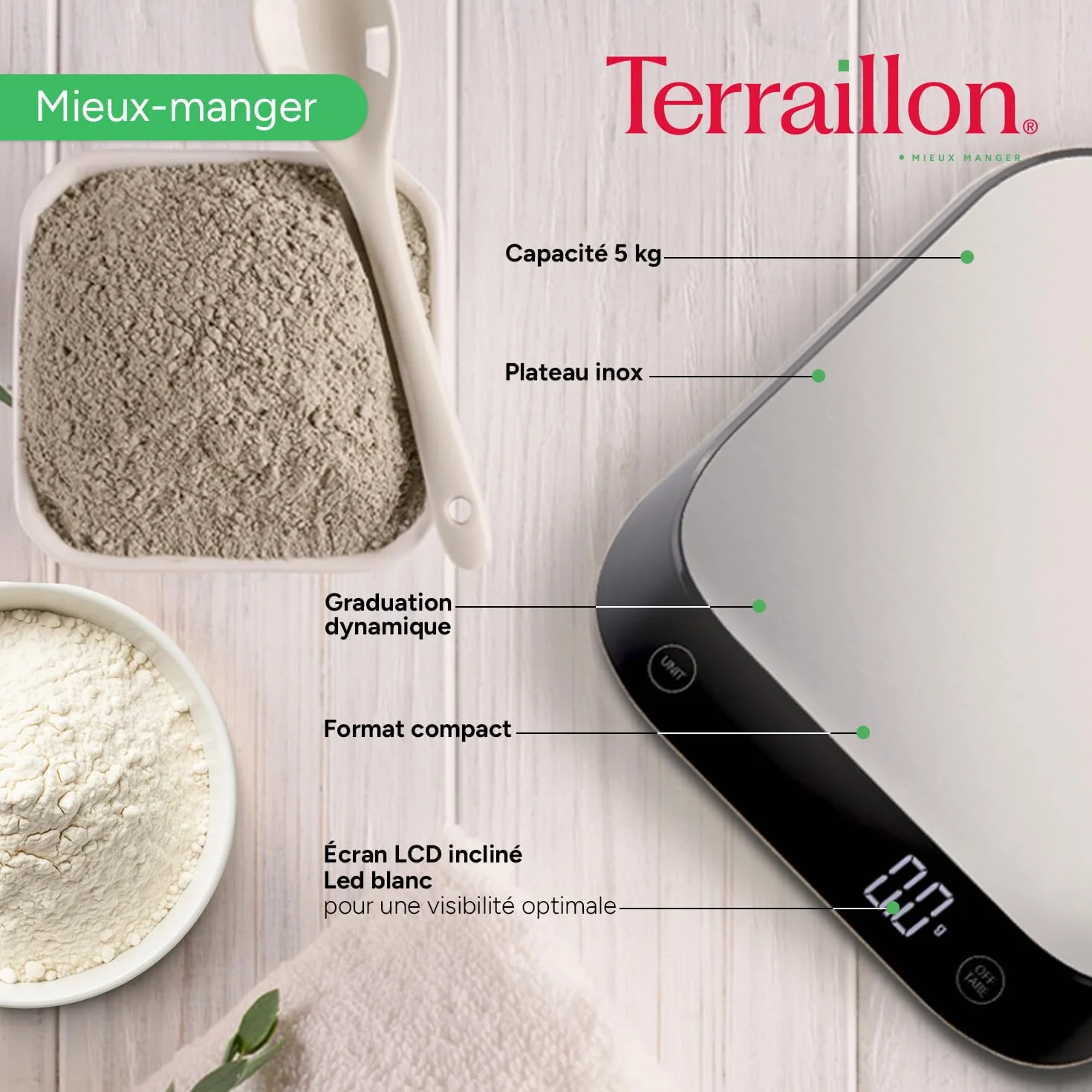 TERRAILLON - EPSILON - Precyzyjna elektroniczna waga kuchenna, kompaktowa, pojemność 5 kg, dynamiczna podziałka 0,1g-0,5g-1g, podświetlany wyświetlacz LCD, stal nierdzewna