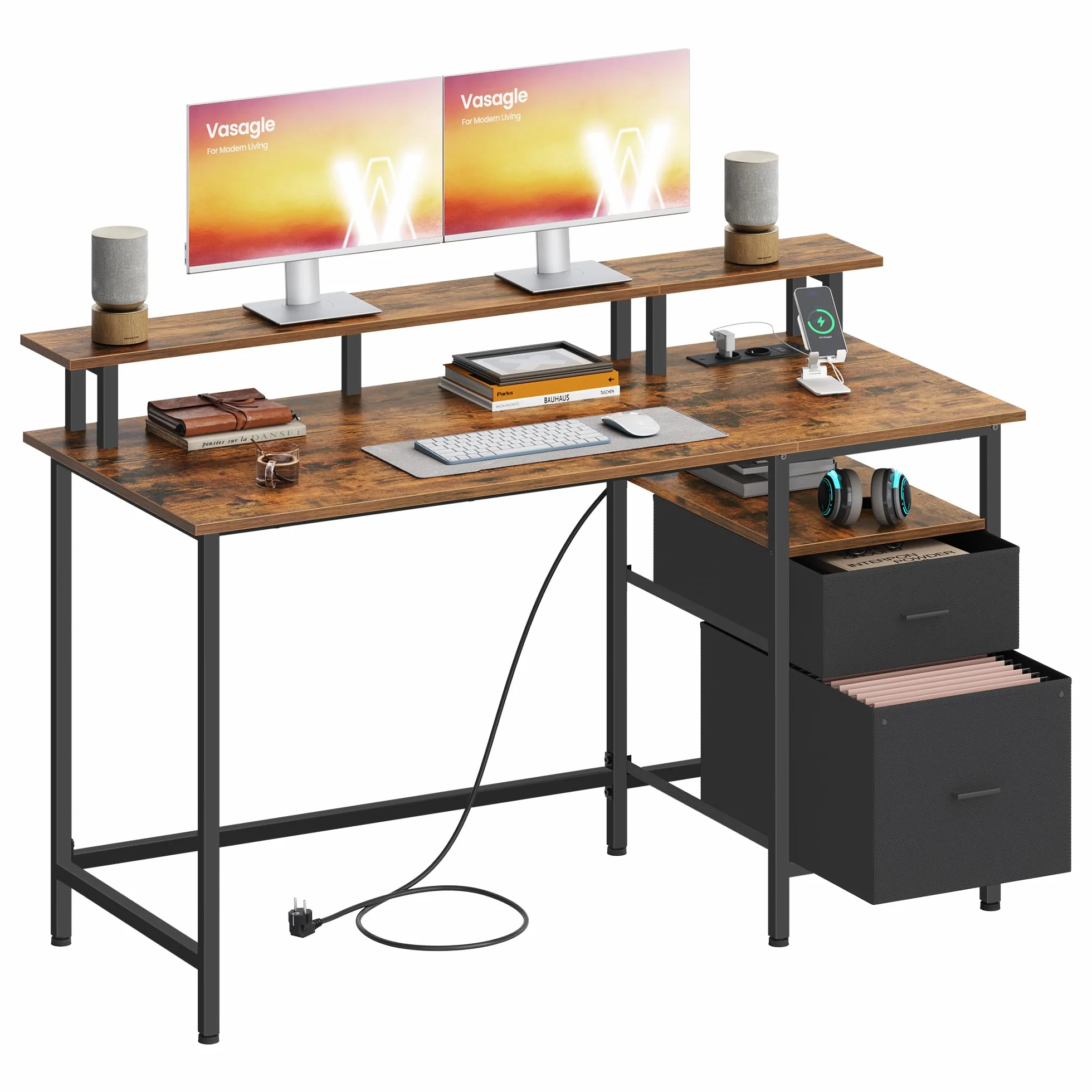 VASAGLE Biurko do gier, z szufladami z tkaniny, stolik komputerowy ze stojakiem na ekran, listwa zasilająca, 2 porty USB, do domowego biura, 140 x 60 cm, rustykalny brąz LWD094K02V1