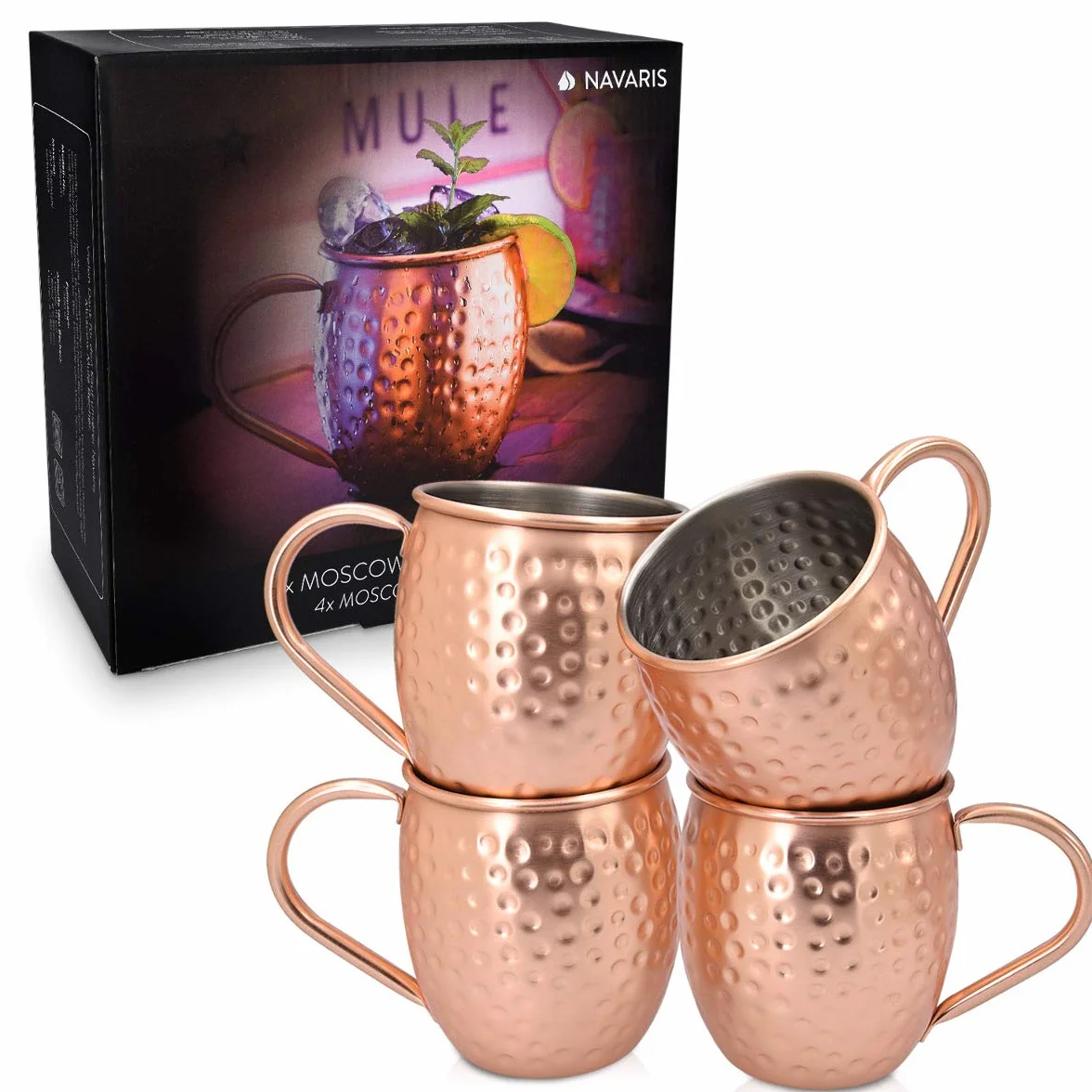 Navaris Moscow Mule zestaw 4 kubków – 4 x miedziane kubki do piwa z Moskwy Mule Gin – kubek koktajlowy młotkowany – filiżanka ze stali nierdzewnej z miedzią