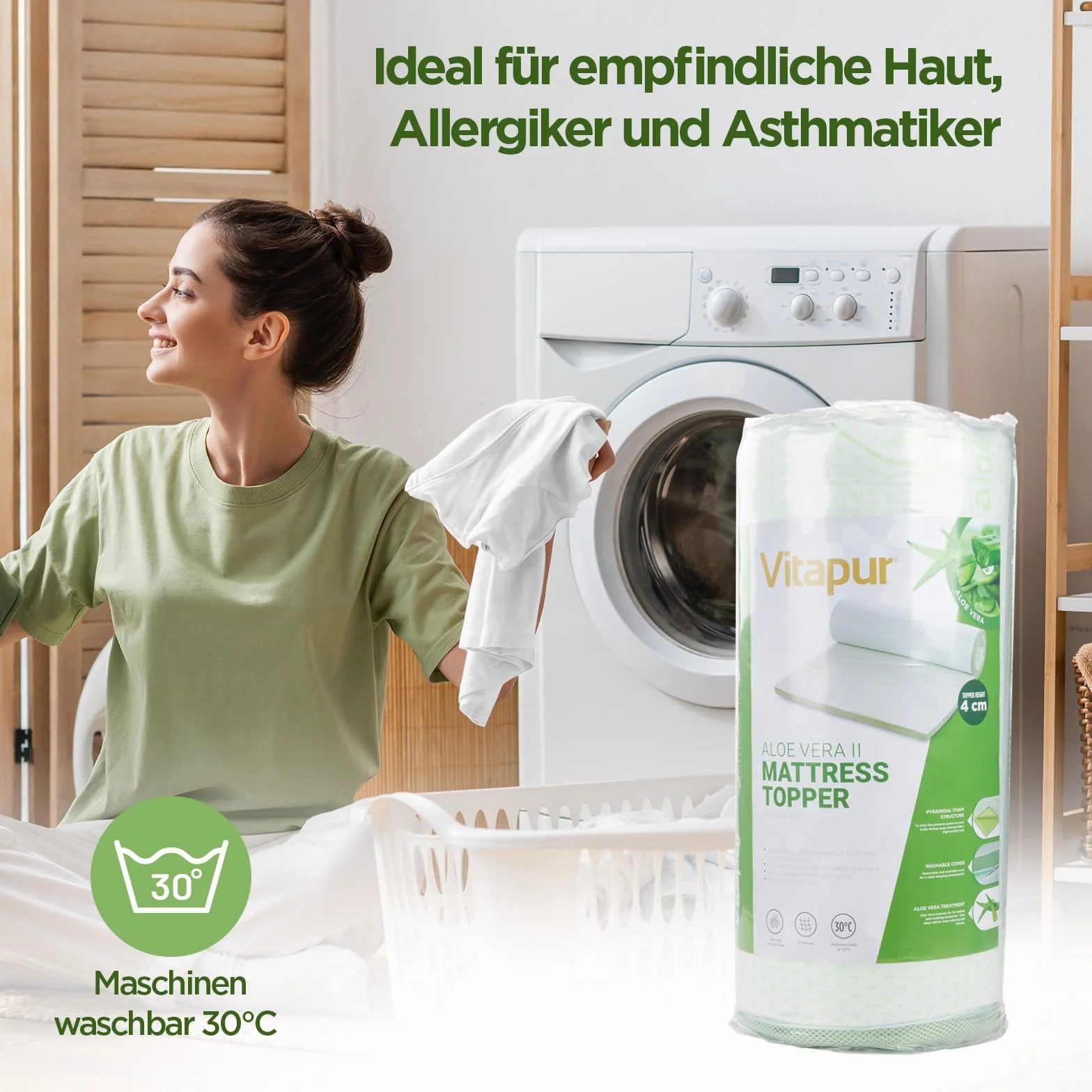 Vitapur Topper Aloe Vera – 70 x 190 cm, pianka memory 4 cm ze strukturą piramidy, zapach aloesu, nadaje się do prania, nakładka na materac