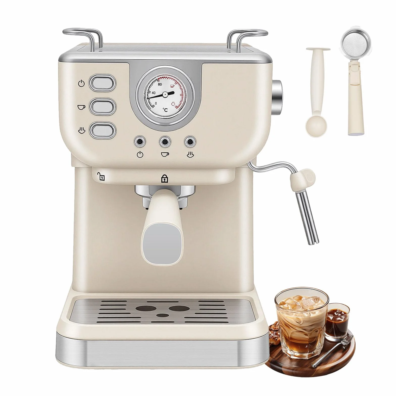 Ekspres do espresso, 20 bar, ze stali nierdzewnej, profesjonalny ekspres do kawy ze spieniaczem do mleka, zbiornik na wodę 1,5 l, podwójny uchwyt filtra wylotowego i 1 filtr do espresso