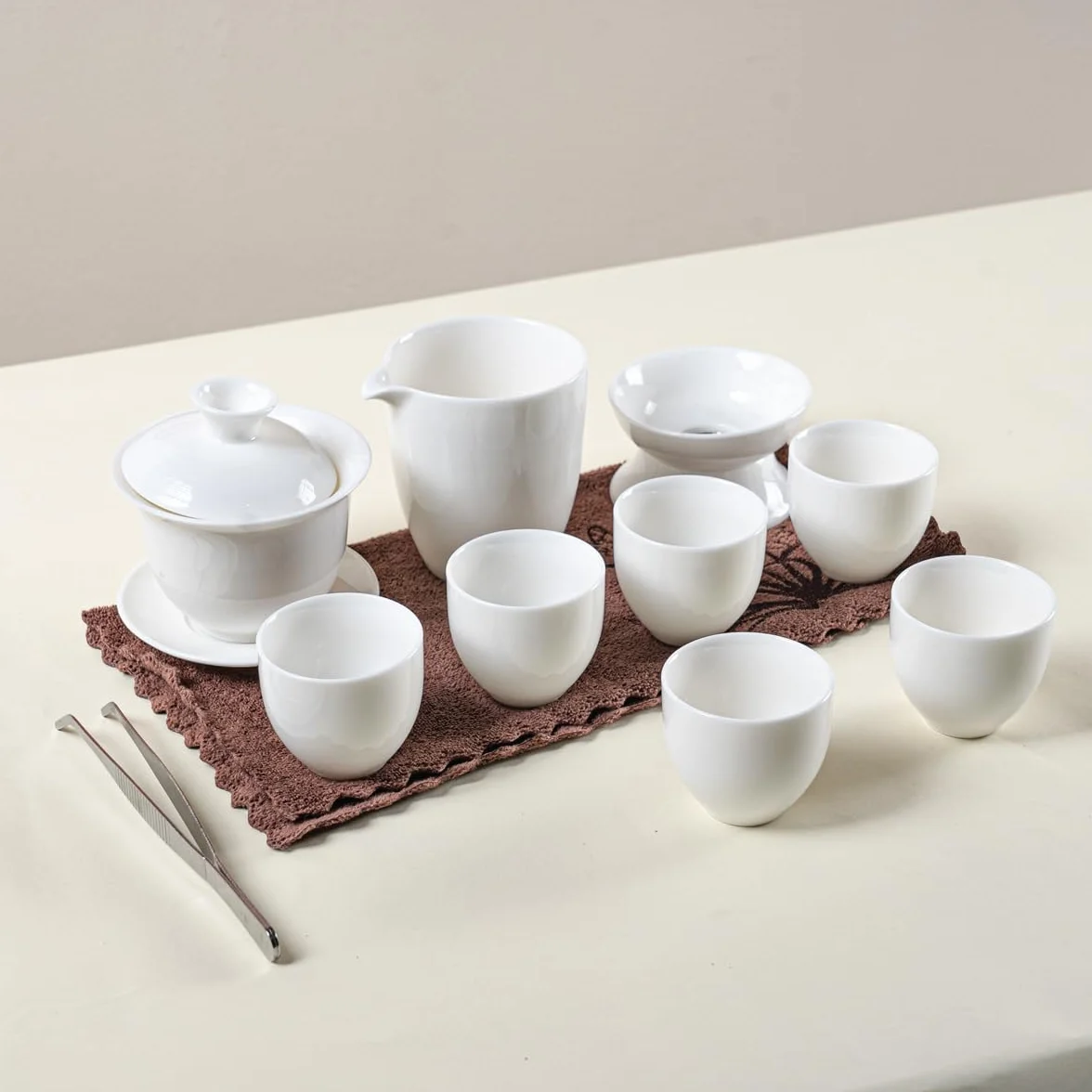 Zestaw do herbaty Gaiwan Gongfu, chiński zestaw do herbaty, biały ceramiczny zestaw do herbaty dla dorosłych Azjatów, 6 filiżanek, odpowiedni na małe spotkania, do domu i biura, na prezent (biały k