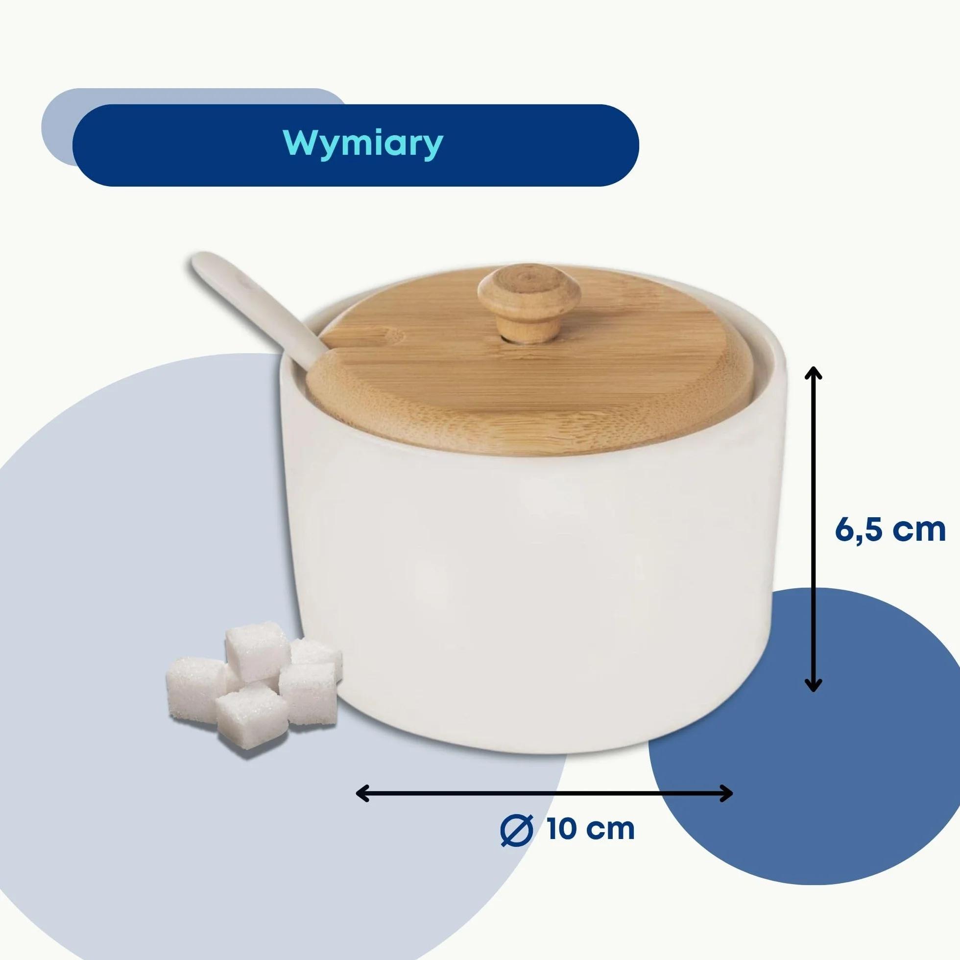 ORION GROUP Cukierniczka porcelanowa z pokrywką i łyżeczką | Wysokość 6,5 cm | Biała porcelana i drewno bambusowe | Ekologiczny pojemnik na cukier