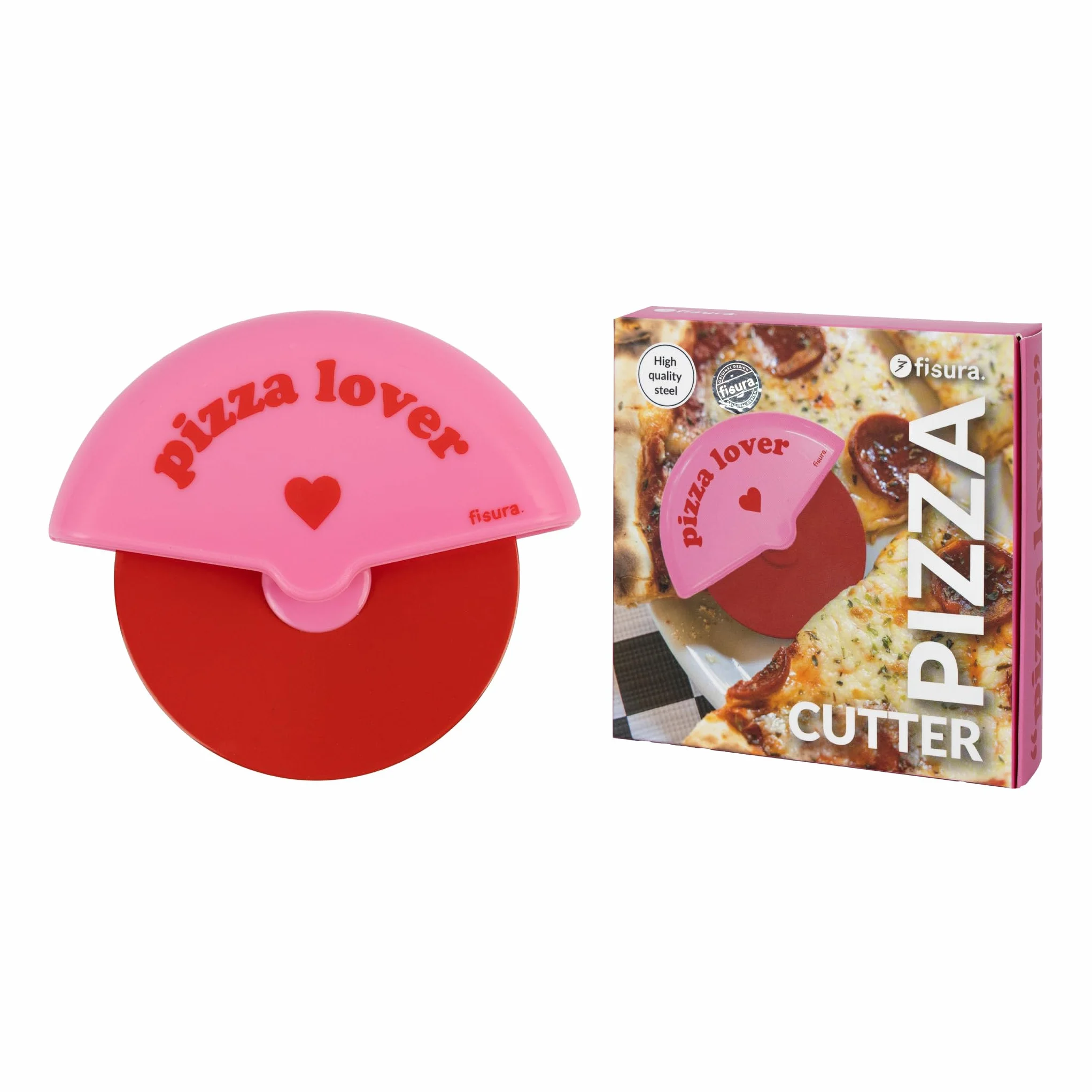 Fisura – Oryginalny nóż do pizzy "pizza lover". Kolorowa krajalnica z kółkiem ze stali nierdzewnej i tworzywa ABS. Akcesoria kuchenne. Wymiary: 7,5 x 5,5 cm.