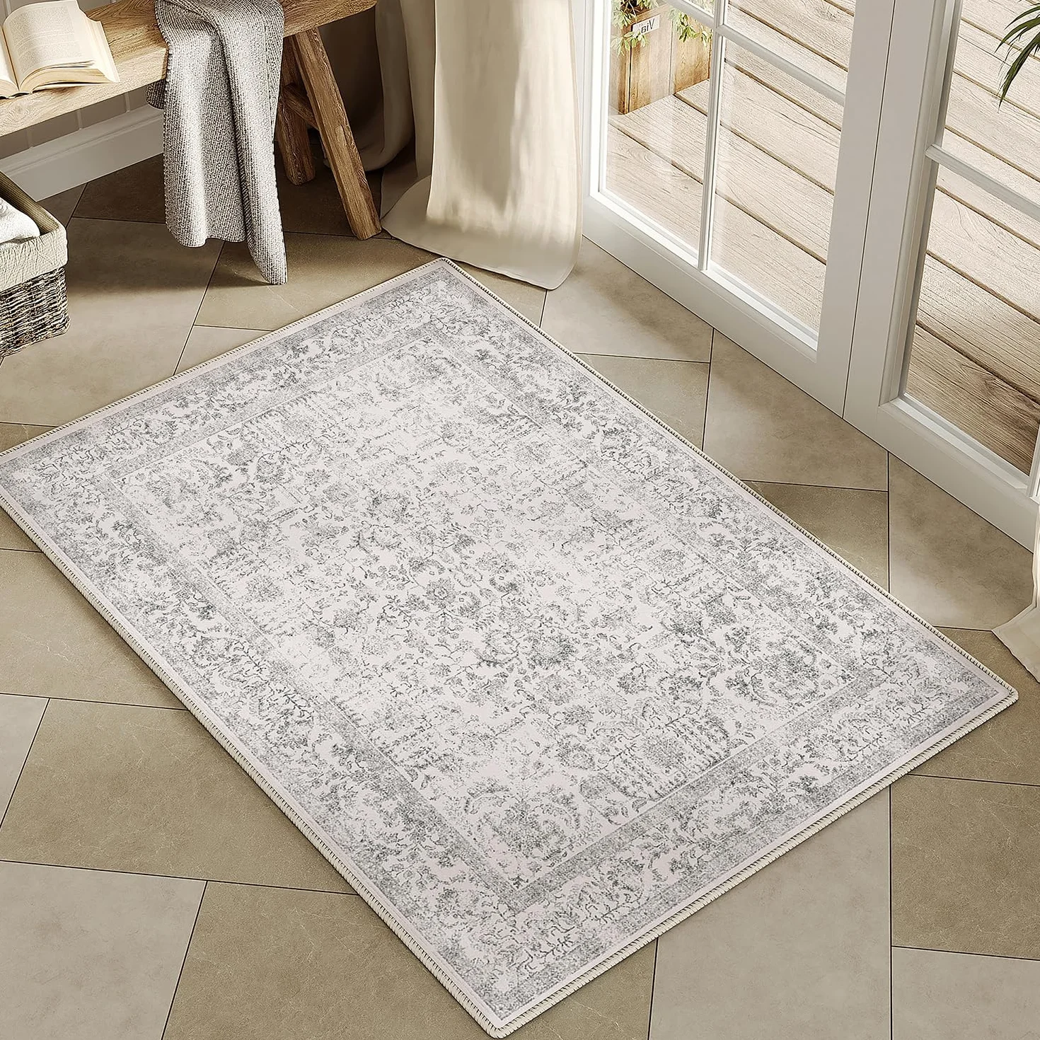 HUGEAR Vintage Dywaniki Maly Dywany 60x90cm Szary Antypoślizgowy Zmywalne Kuchni Sypialni Wejścia Pralni Iazienkowy Wycieraczka Dywanowa KróTkim WłOsiem