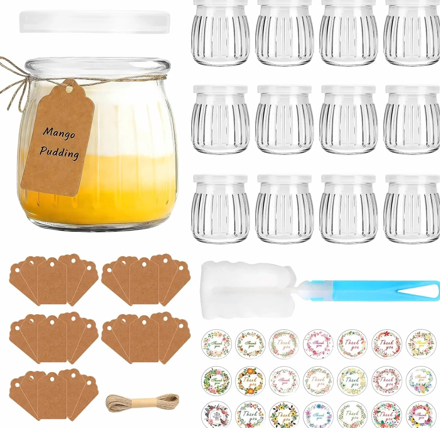 200 ml Przezroczyste słoiczki na jogurt z pokrywką, 12 sztuk, wielofunkcyjne szklane pojemniki na deser do dżemu, miodu, deserów, musli, świec, wielokrotnego użytku