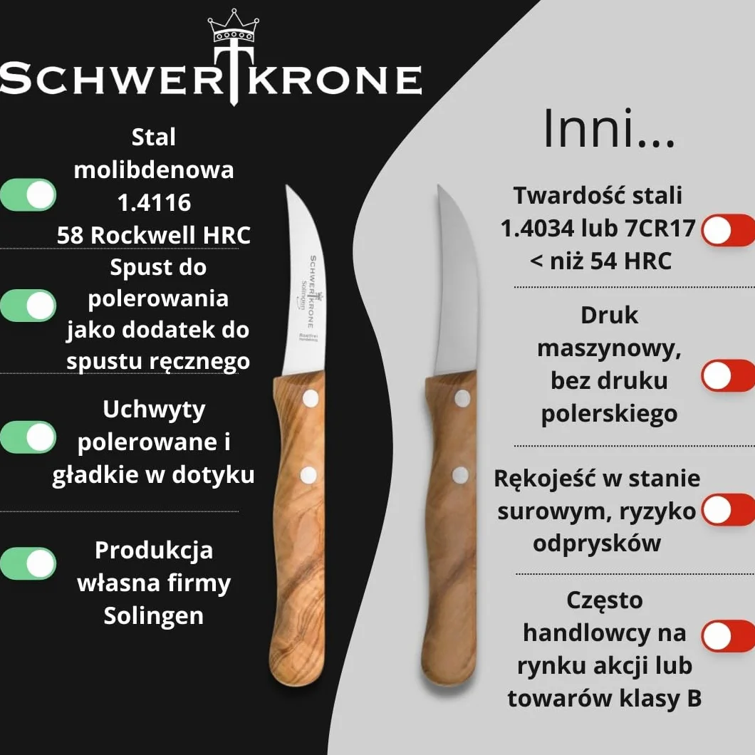 Schwertkrone Nóż Solingen, 1 szt., drewno oliwne, nóż do owoców, warzyw, ostry nóż do obierania, 15,5 cm, nierdzewny, wygięty w kształt ptasiego dziobu