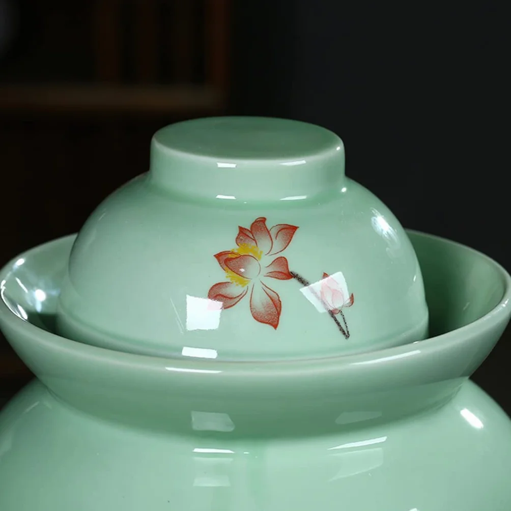 Zagęszczony ceramiczny słoik fermentacyjny, zielony wzór porcelanowy słoik do wytrawiania, garnek kimchi z pokrywką ceramiczne przechowywanie żywności zamknięte pojemniki, uszczelka wodna