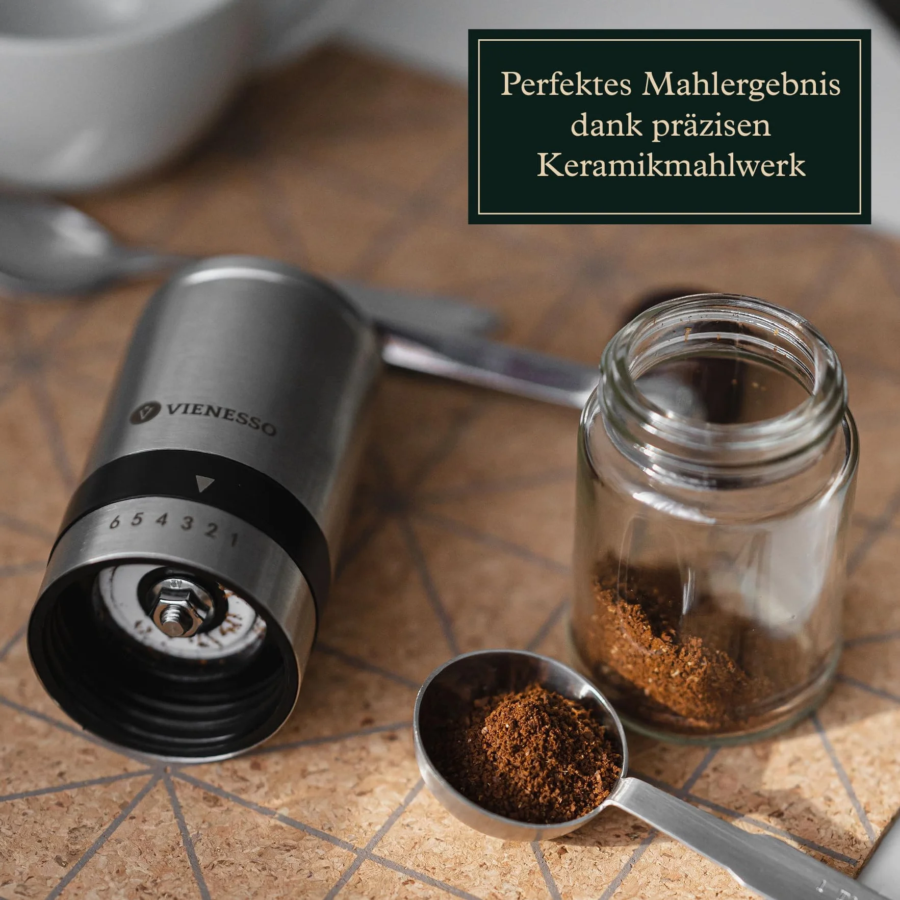 Ręczny młynek do kawy z ceramicznym mechanizmem mielącym i 6-stopniową regulacją – ręczny młynek do kawy ze stali nierdzewnej i szkła – pojemność 40 g – cichy, przenośny, w zestawie e-book